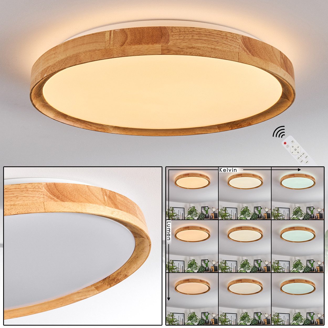 hofstein Deckenleuchte dimmbare Deckenlampe aus Metall/Bambus/Kunststoff in Weiß/Natur, LED wechselbar, 3000 - 6000 Kelvin, LED Leuchte(40cm), 2500 Lumen, 3000 -6000 Kelvin, inkl. Fernbedienung
