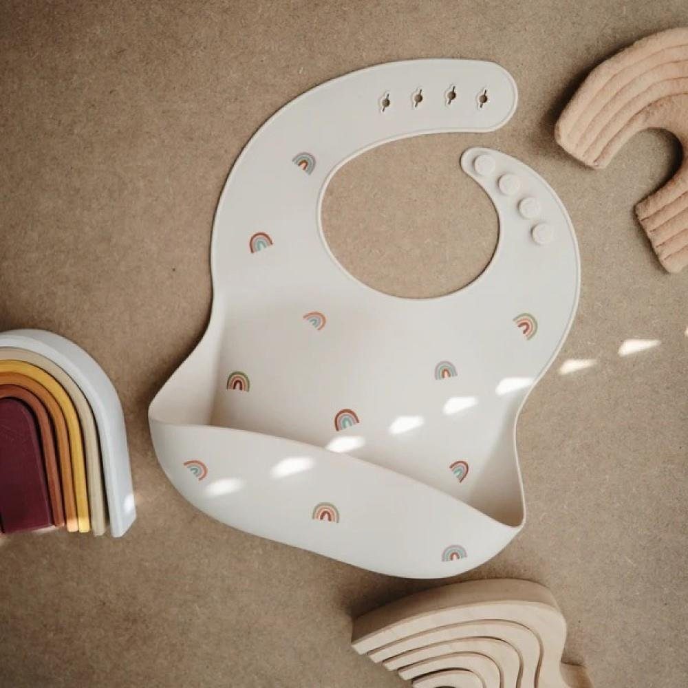 Mushie Lätzchen Silicone Baby Bib (Rainbows), BPA-frei Babylätzchen Schlabberlatz Kleckerlatz Barterl, beige