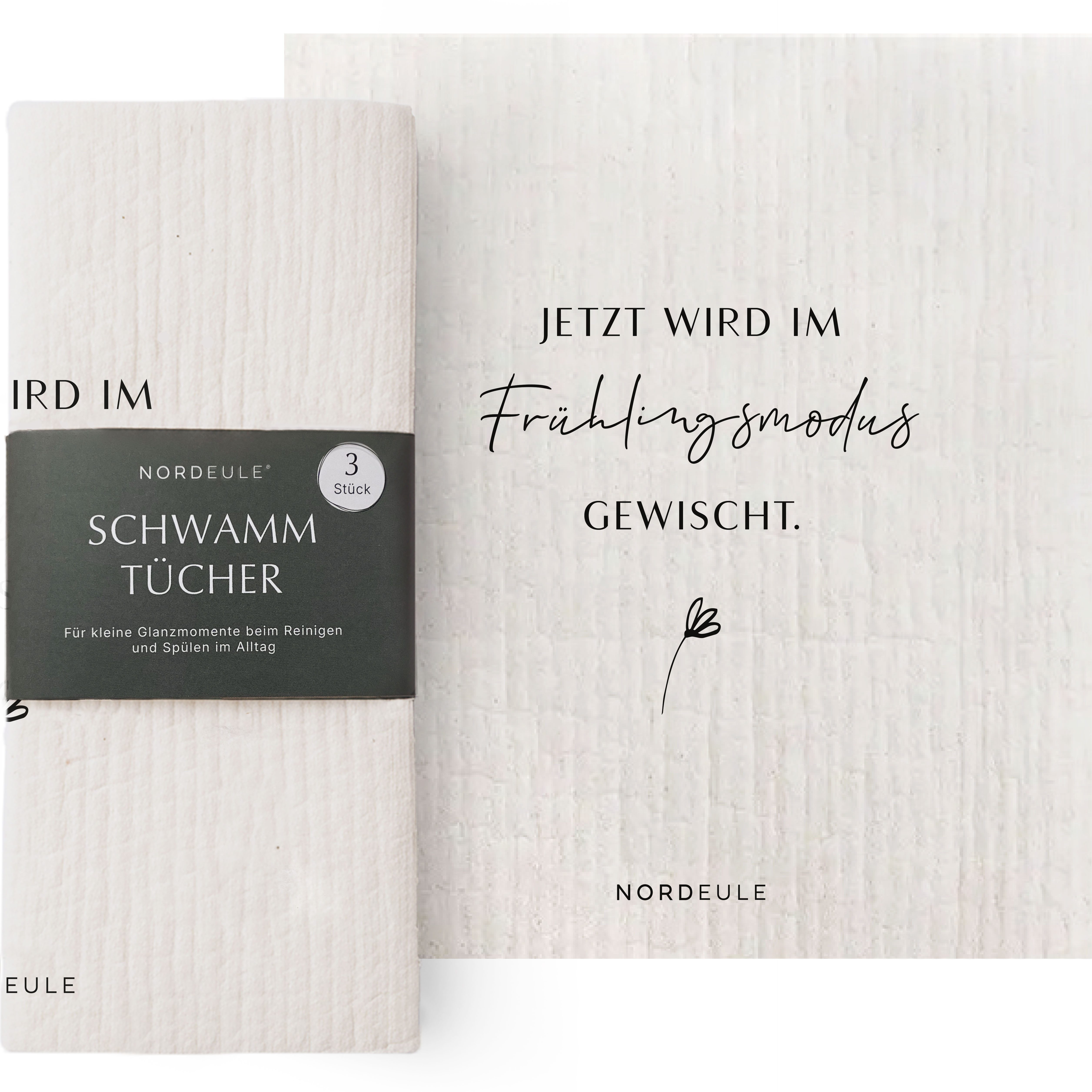 NORDEULE Schwammtuch Frühling 3 Stück Schwarz Weiß, Dekoratives Reinigungstuch mit Spruch, ideales Geschenk zu Ostern, im Osternest, Mitbringsel, Osterwichteln