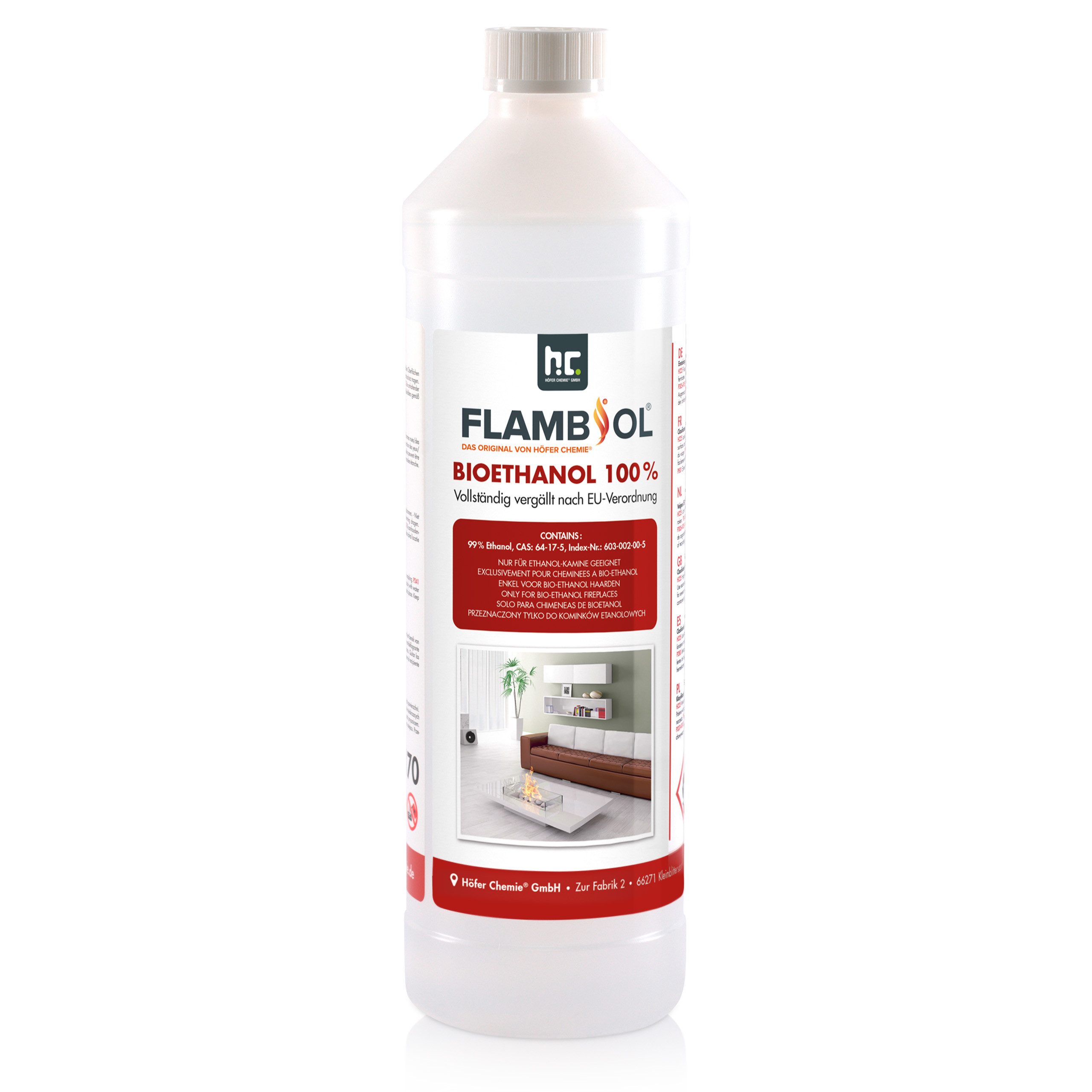 Bioethanol 1 L FLAMBIOL® Bioethanol 100% Hochrein für Edelstahl-Tischkamine