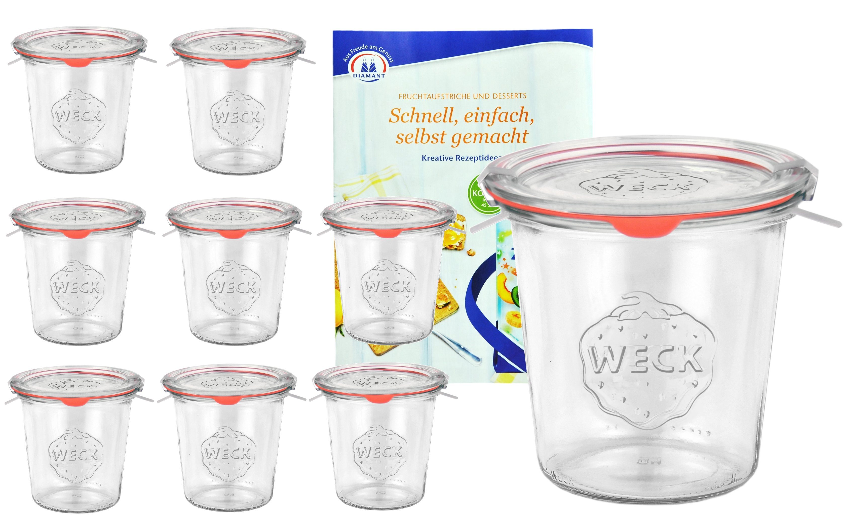 MamboCat 580ml Weck Gläser Einmachglas Glasdeckel Set Einkochringe Glas Klammer, 9er Sturzgläser