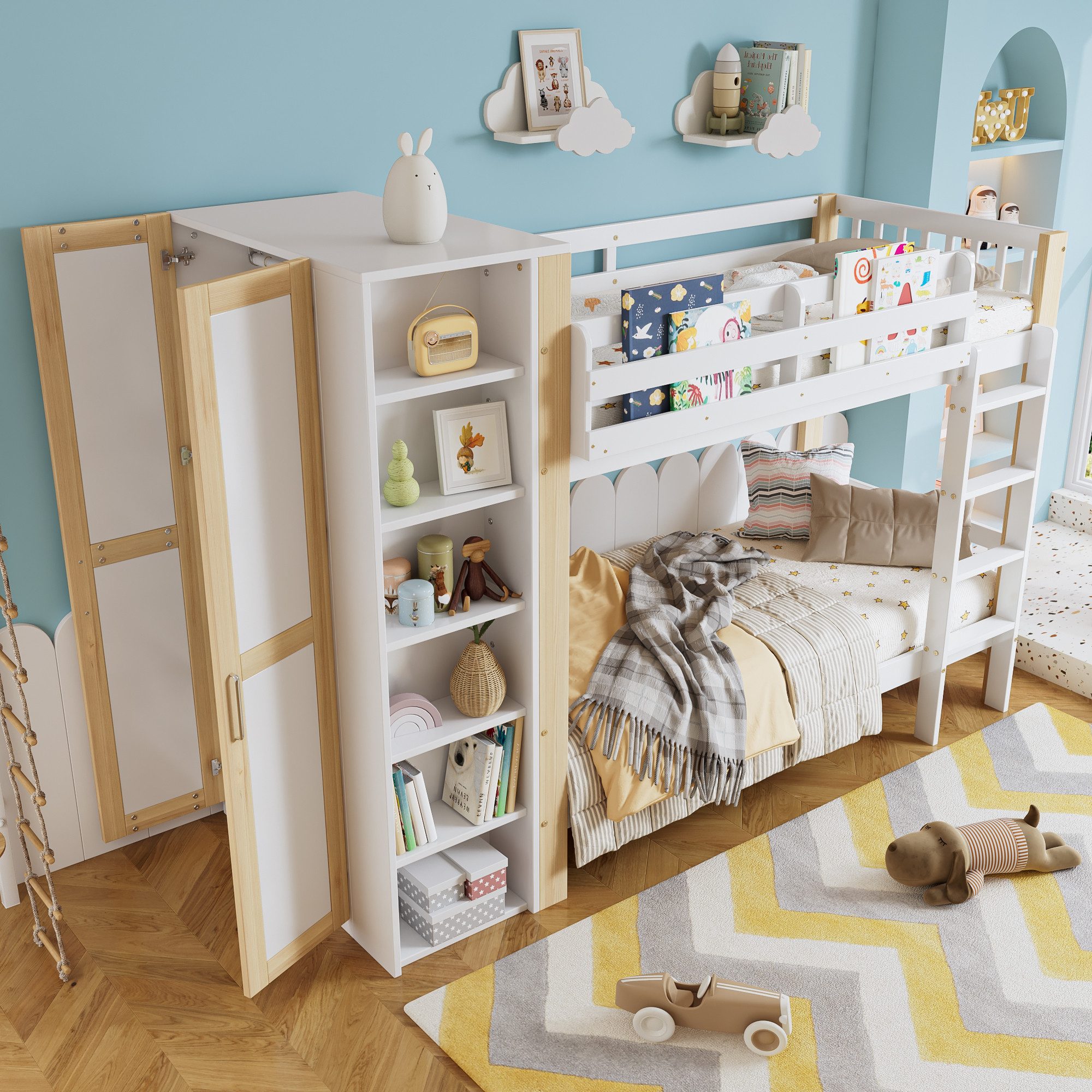 Flieks Etagenbett, Kinderbett 90x200cm mit Kleiderschrank, Bücherregal und Fallschutz
