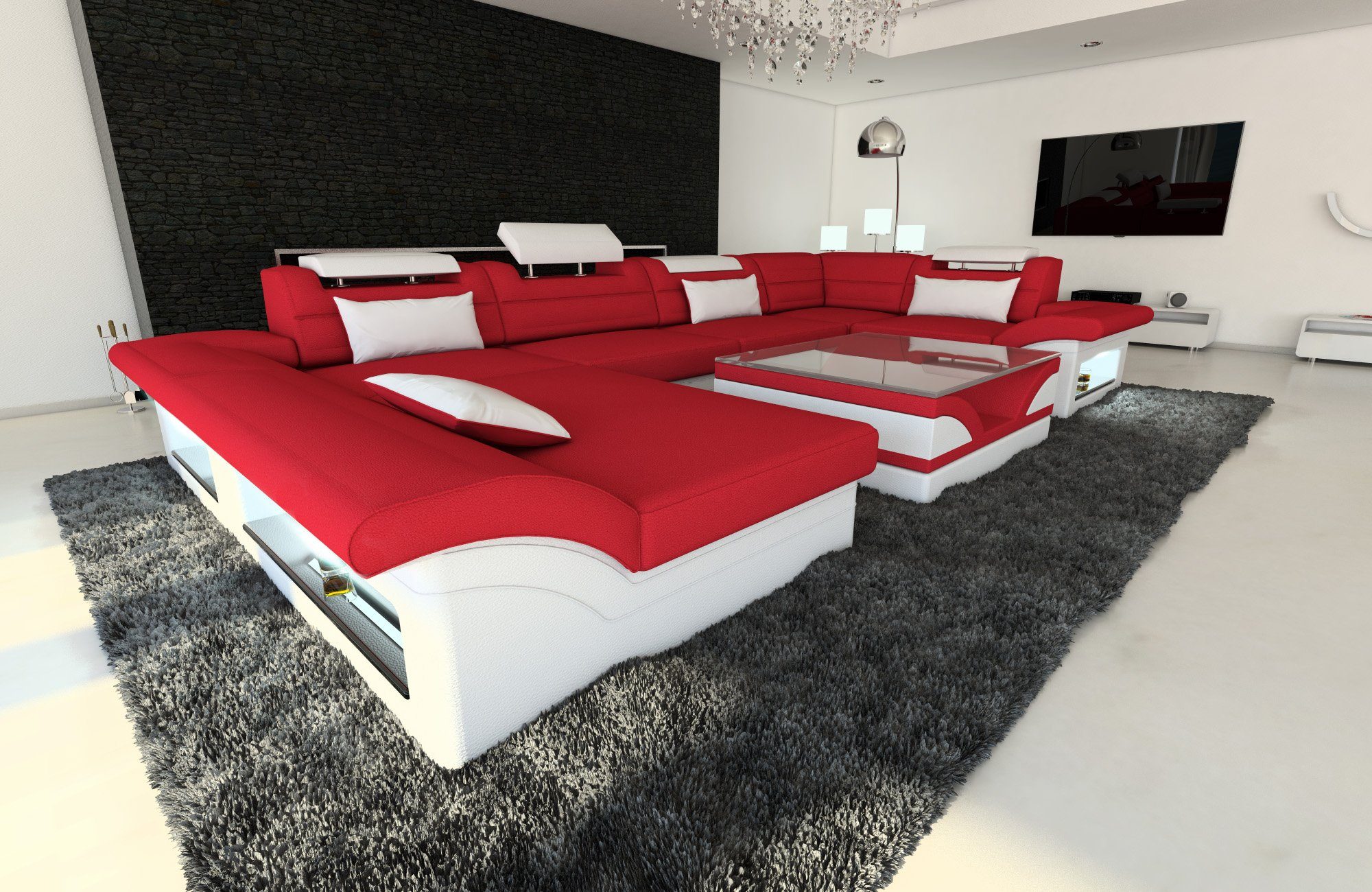 Sofa Dreams Wohnlandschaft Stoff Sofa Designersofa Bettfunktion LED, mit Rot-Weiss mit Schlafsofa, als U wahlweise Polster C134 Enzo Form Couch Stoffsofa