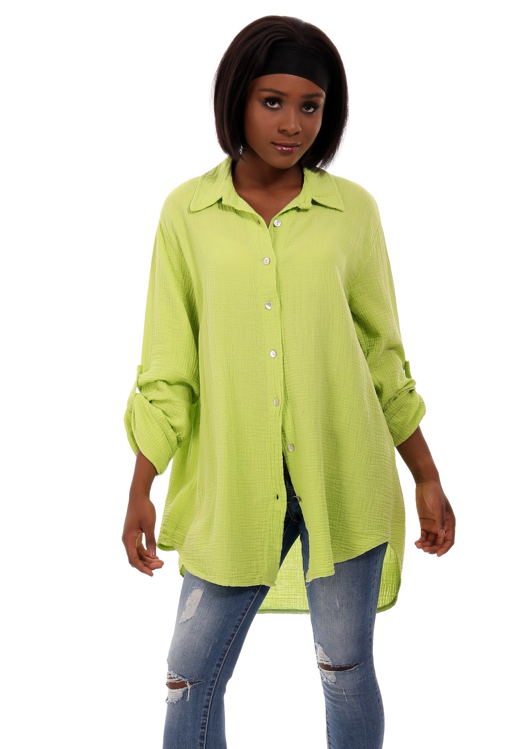 YC Fashion & Style Hemdbluse Bluse Oversized Long bluse Herrlich weicher Musselin One Size (1-tlg) Uni, Langarm, Casual limegreen