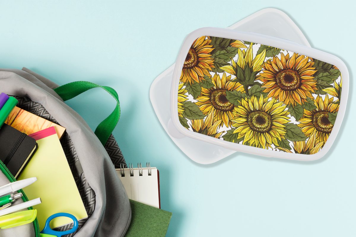 Brotdose, für Design, Sonnenblume MuchoWow Kinder - und Jungs für Vintage Mädchen und (2-tlg), Brotbox Kunststoff, Lunchbox - weiß Erwachsene,
