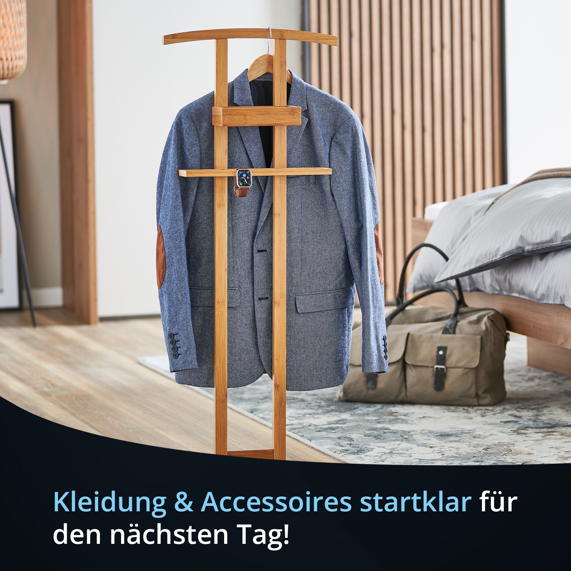 KHG Herrendiener aus Bambus Echtholz für Kleidung, (Stummer Diener, Sackohalter mit Hosenbügel sowie Accessoire-Fach)