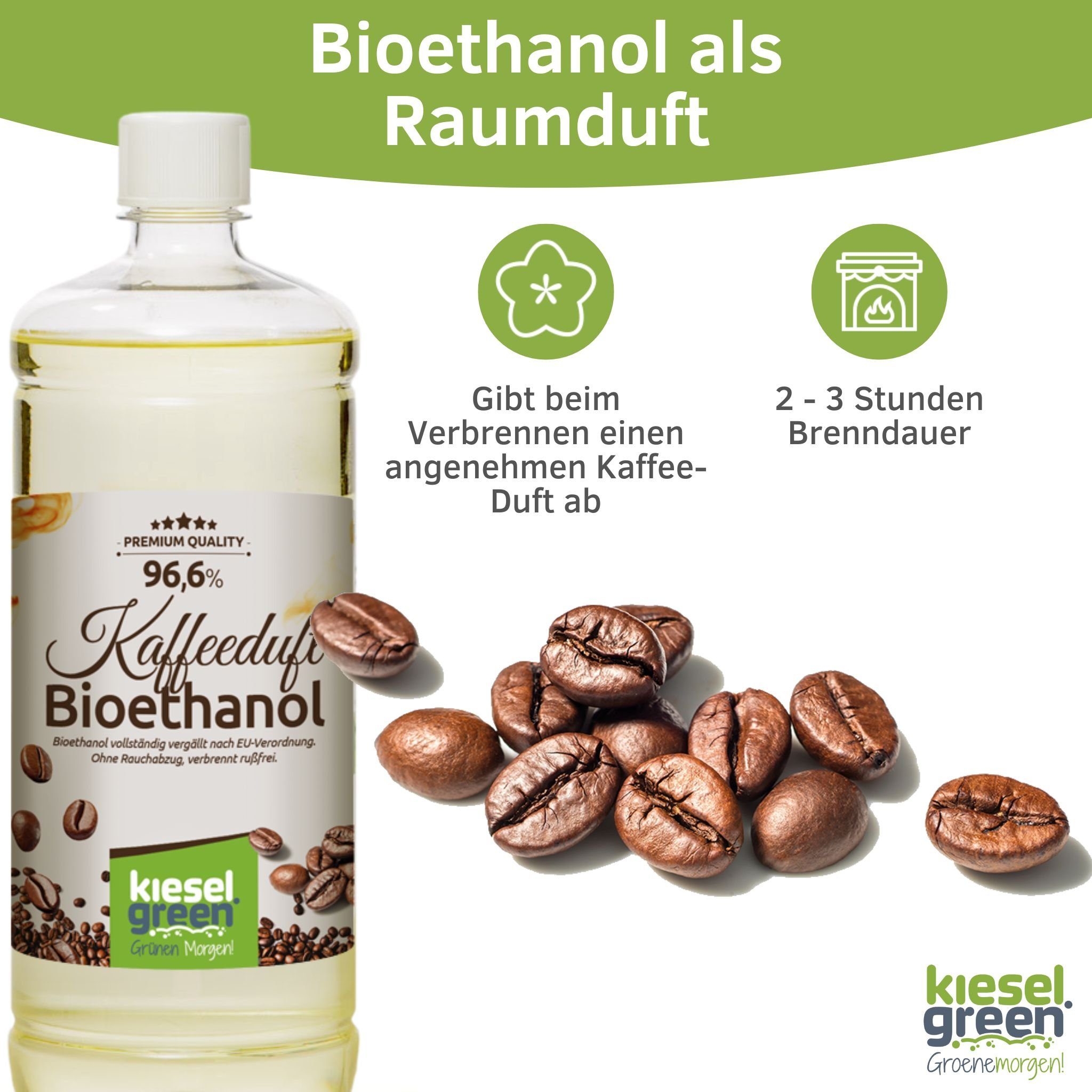 KieselGreen KieselGreen für Liter Bioethanol Kaffee Ethanol-Kamin Flasche mit 1 Duft Bioethanol