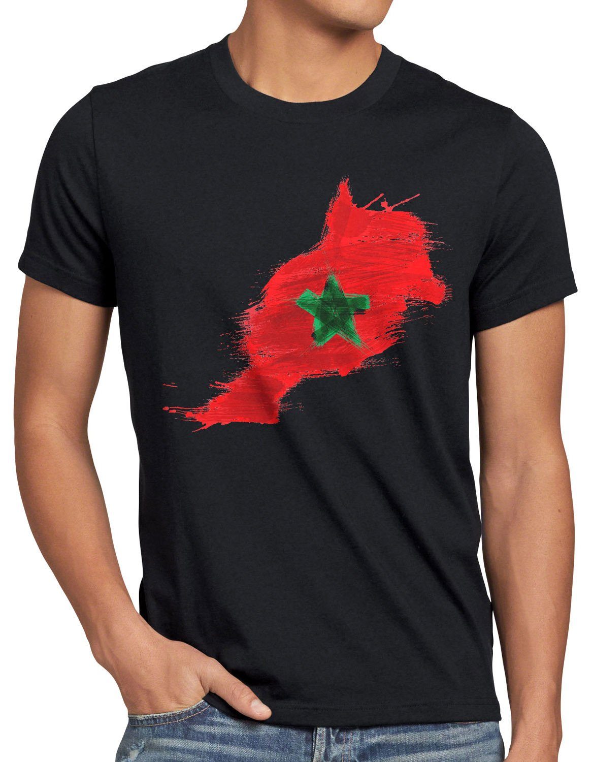T-Shirt Sport schwarz Herren Flagge EM Print-Shirt Marokko Fußball Fahne style3 Morocco WM