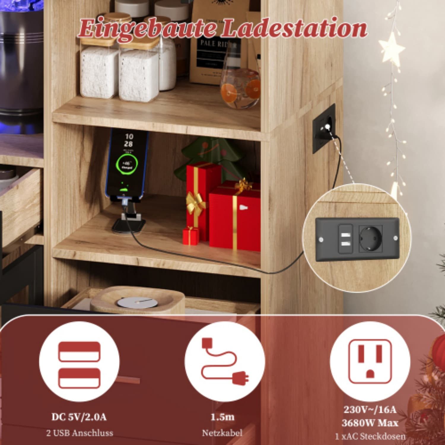 ANYSUN Küchenbuffet Aufbewahrungshochschrank mit LED, Steckdose & verstellbaren Böden (Mit Glastüren, 4 Schubladen & Kippschutz, 185 × 100 × 40 cm)