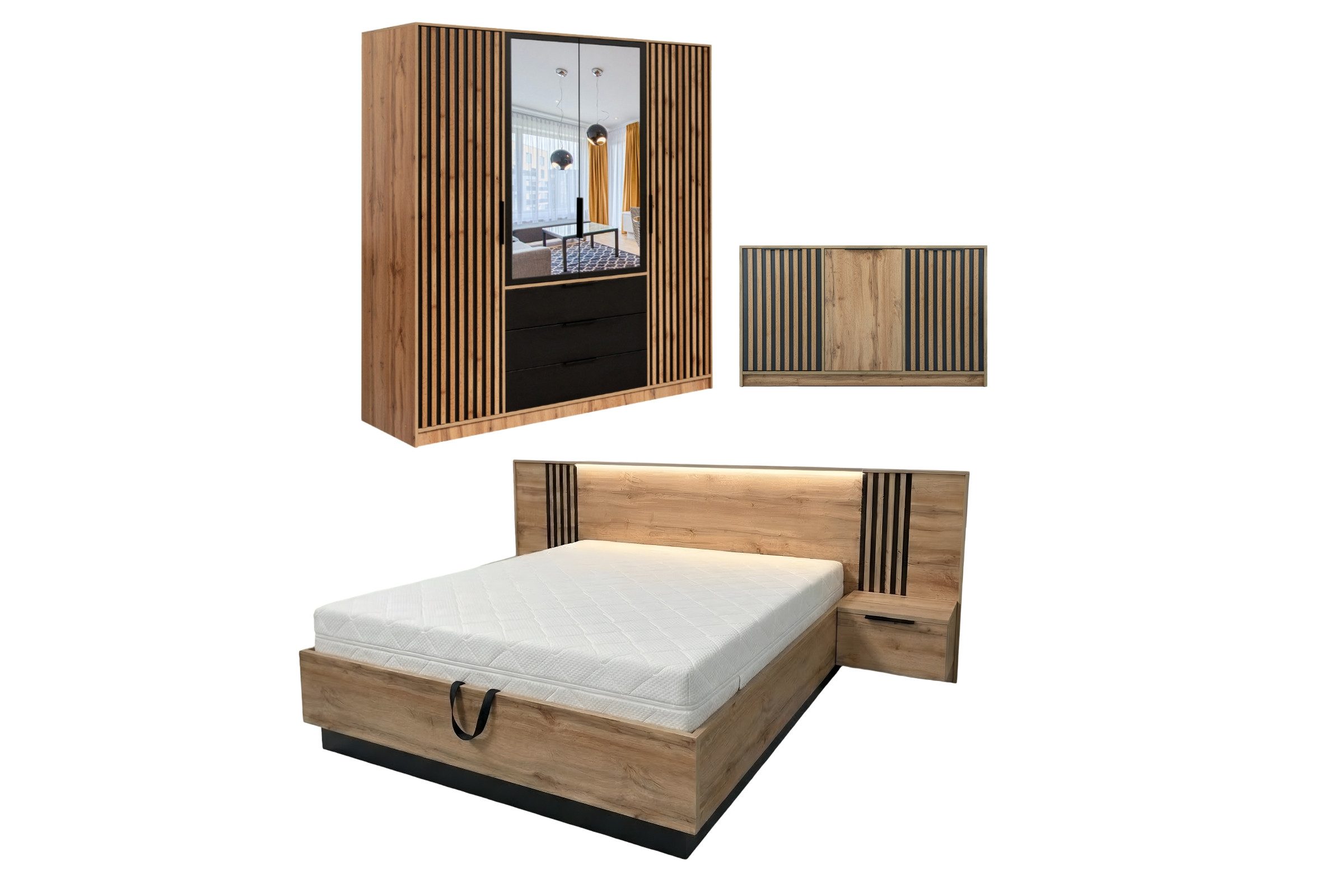 Deine Möbel 24 Komplettschlafzimmer LABOO LUX H in Eiche Wotan/Schwarz matt, mit Lamellen, (LABOO LUX - Kollektion, 5-tlg., Bett inkl. Lattenrost & LED - Beleuchtung), Kleiderschrank, Kommode, Doppelbett 160x200 cm, 2 Nachttischen