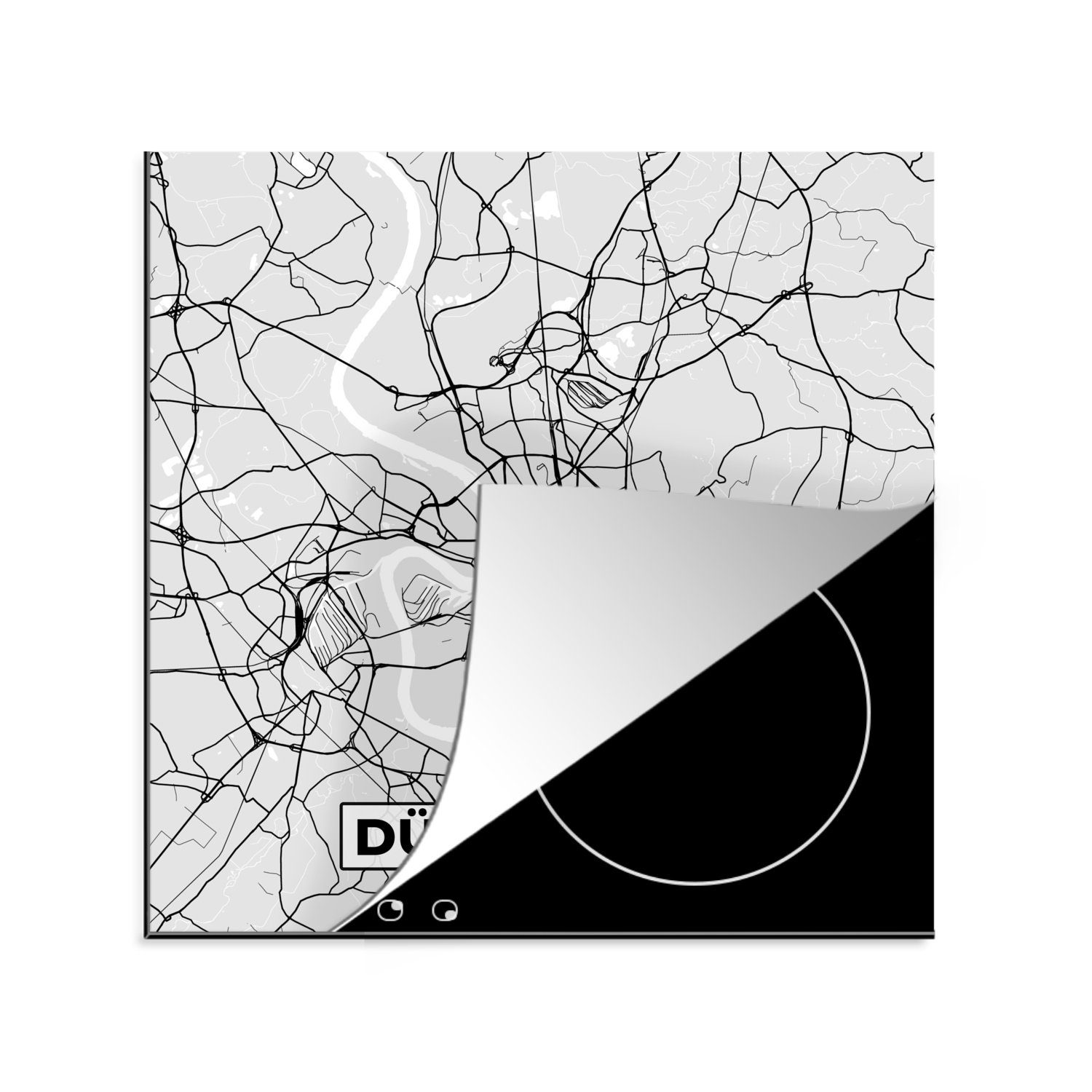 MuchoWow Herdblende-/Abdeckplatte Düsseldorf - Karte - Stadtplan - Deutschland, Vinyl, (1 tlg), 78x78 cm, Ceranfeldabdeckung, Arbeitsplatte für küche