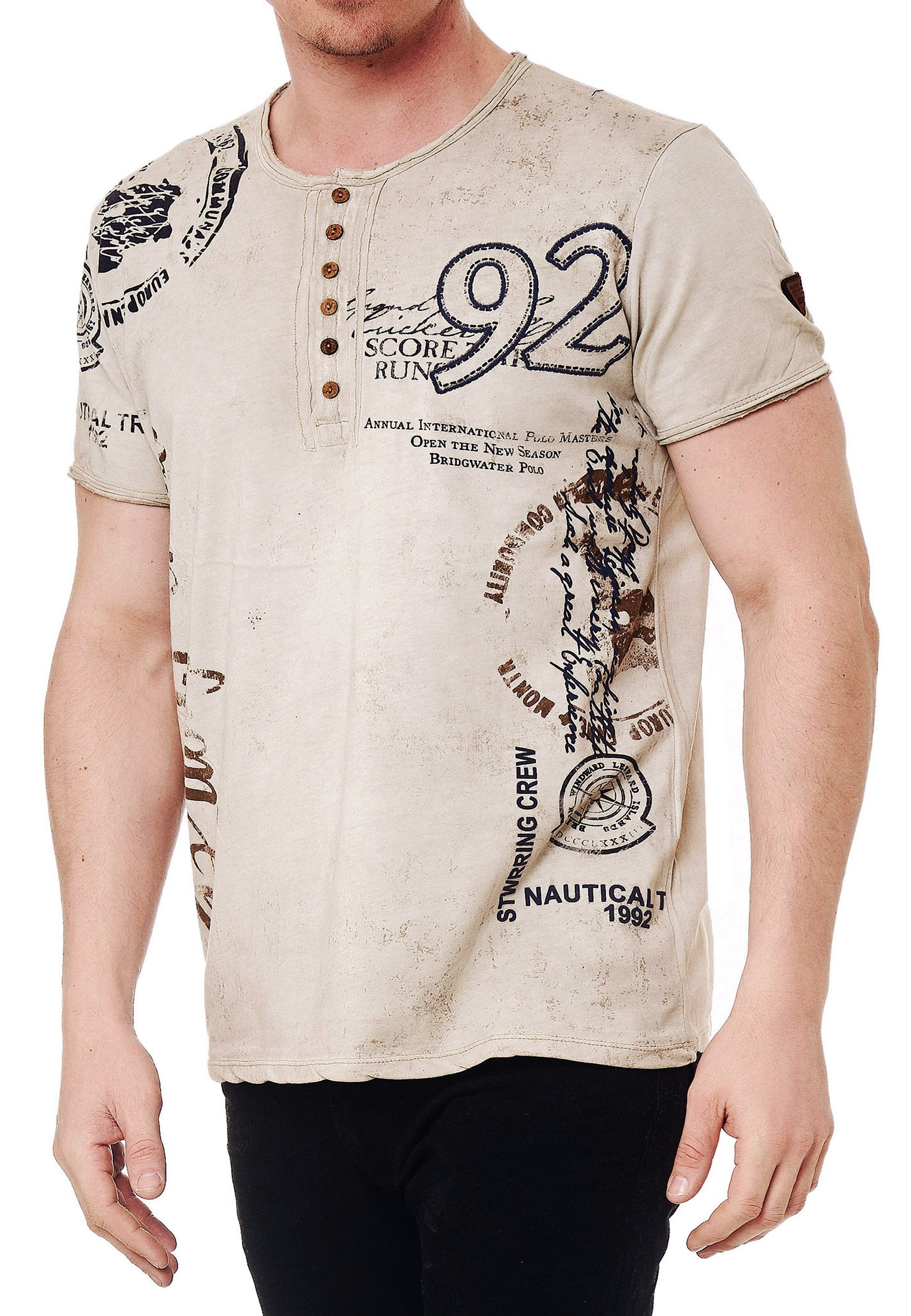 T-Shirt Verwaschenes Herren T-Shirt Rundhals Knopfleiste Tee Shirt Kurzarm