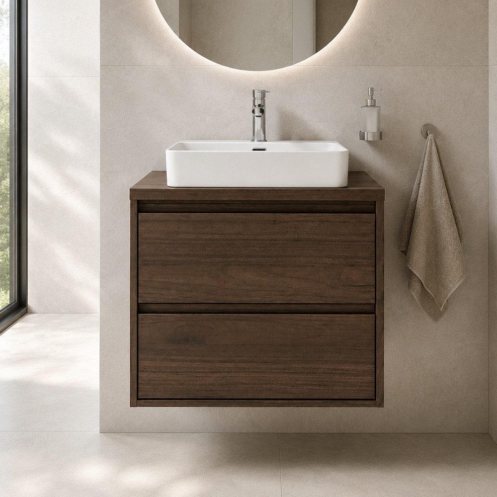Lomadox Waschtisch VERZUOLO-56-WALNUT, 60 cm breit in Walnuss, wandhängend, grifflos
