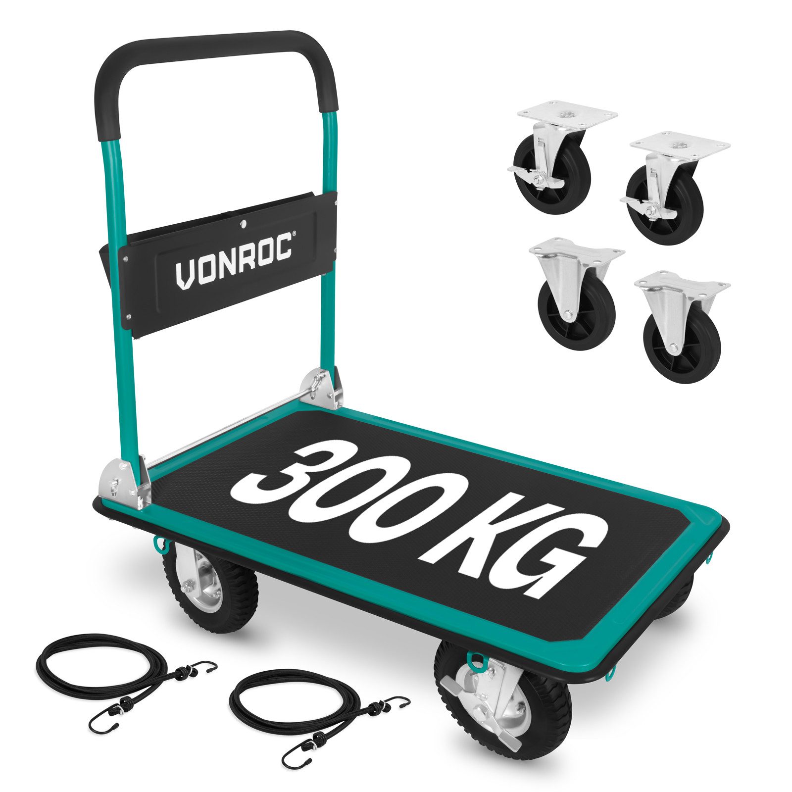 VONROC Transportwagen Plattformwagen klappbar, (300kg Rollwagen mit Griff), Extra große pneumatische Räder für groben Untergrund
