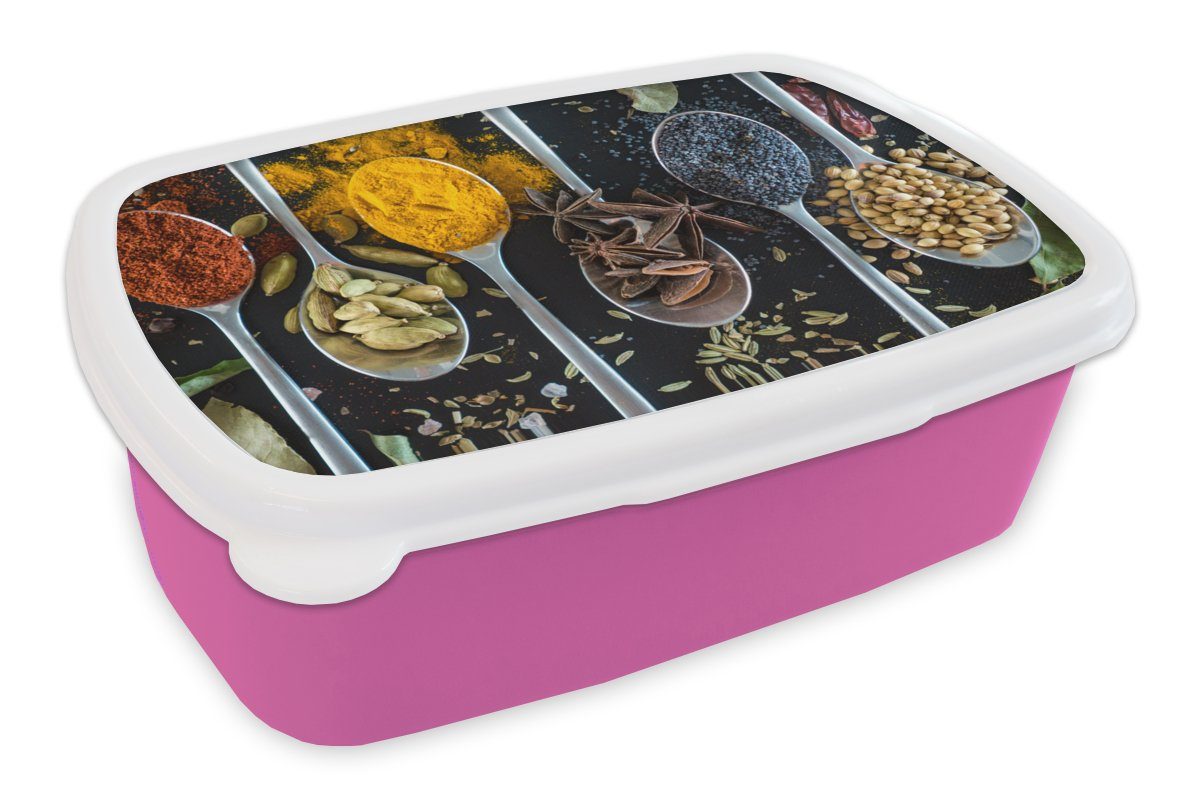 MuchoWow Lunchbox Löffel - Gewürze - Kräuter - Essen - Tisch, Kunststoff, (2-tlg), Brotbox für Erwachsene, Brotdose Kinder, Snackbox, Mädchen, Kunststoff rosa