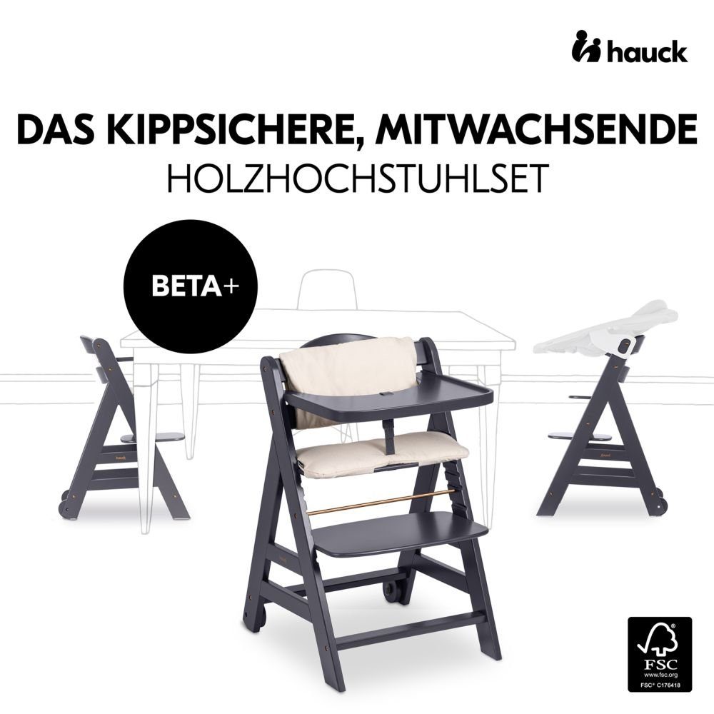 Hauck Hochstuhl Beta Plus Dark Grey - Newborn Set, Babystuhl ab Geburt inkl. Aufsatz für Neugeborene, Tisch, Sitzauflage