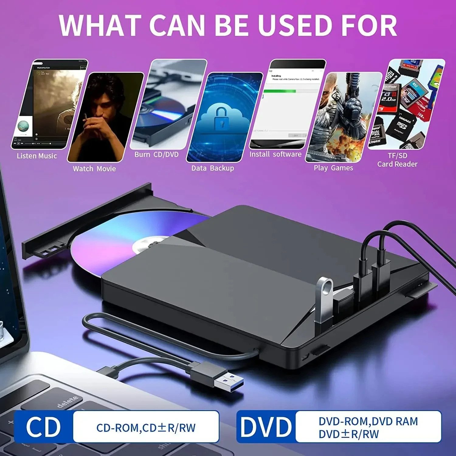 Athlix 7 in 1 Laufwerk Extern DVD RW CD Brenner Leser Optisches Laufwerk Disc-Laufwerk (USB-Flash-Laufwerk (Unterstützt DVD-RW, CD, DVD, VCD, SATA, USB 3.0) – Bild 4 von 5