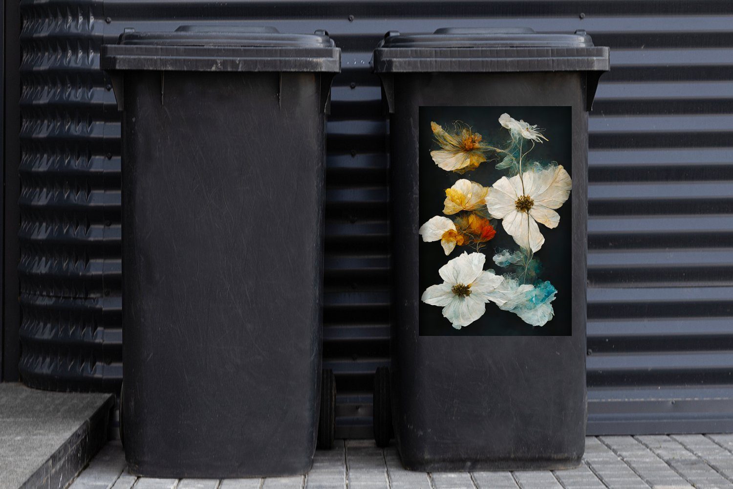 MuchoWow Wandsticker Weiß - Abfalbehälter Container, Mülleimer-aufkleber, Schwarz - Mülltonne, Blumen Pflanzen - Sticker, St), (1