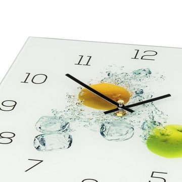 Levandeo® Wanduhr (Wanduhr aus Glas 30x30cm Uhr als Glasbild Küche Apfel Zitrone)
