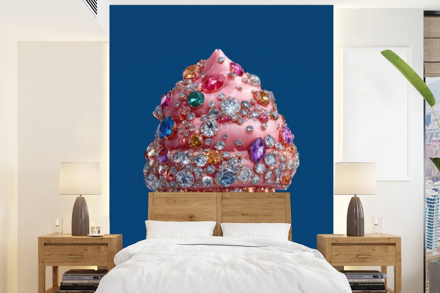 MuchoWow Fototapete Eistüte - Strasssteine - Blau, Matt, bedruckt, Wallpaper für Wohnzimmer, Schlafzimmer, Vinyl Tapete, 165x220 cm