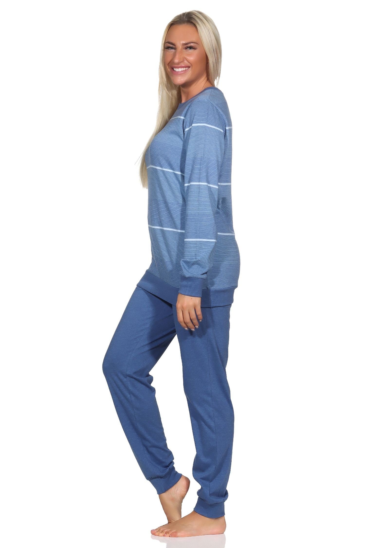 Bündchen mit auch in Damen blau Normann - Normann Schlafanzug Pyjama Übergrössen langarm