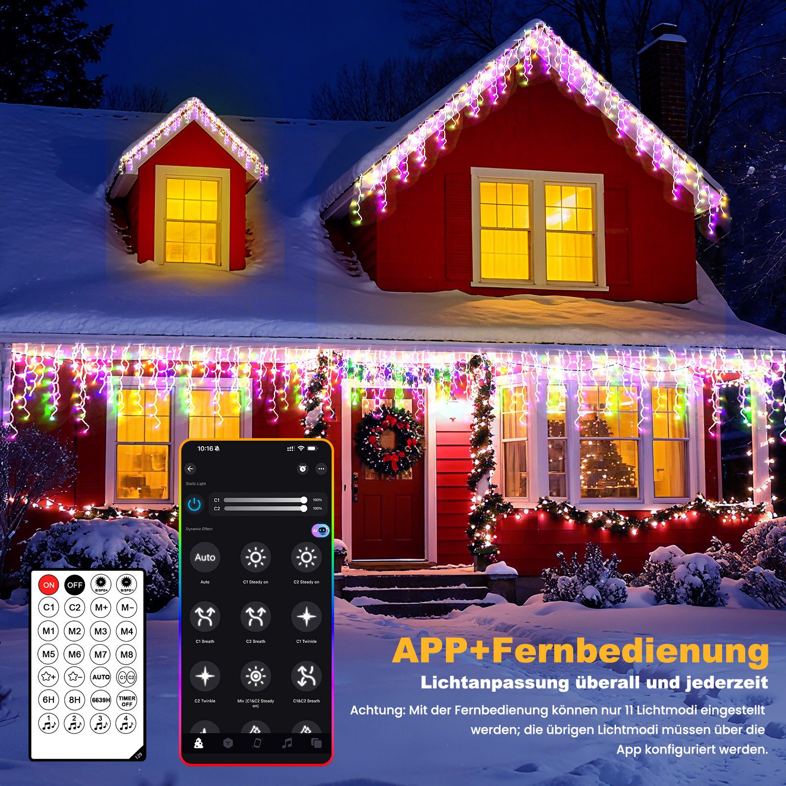 Circlio LED-Lichtervorhang 5-45m LED Eiszapfen-Lichterkette Außen mit App, Timer & Fernbedienung, 17 Modi, Musikmodus, Timer, IP65, Warmweiß/Kaltweiß/Bunt – Bild 3 von 5
