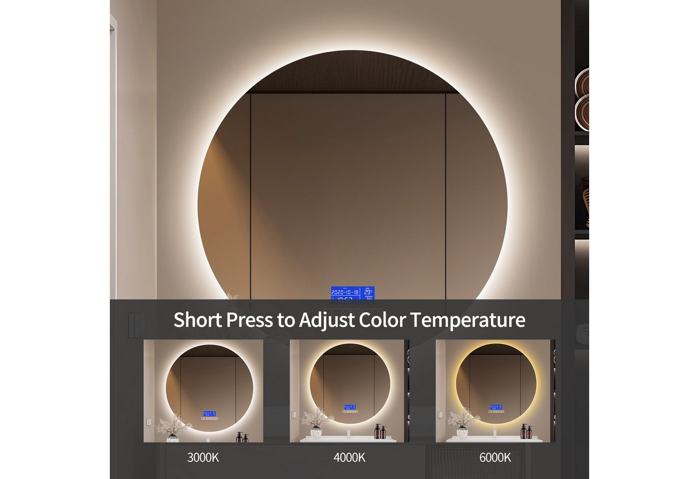 Thumbnail - Furnishings Home Badspiegel Badezimmerspiegel rahmenlos Kosmetikspiegel mit Bluetooth-Lautsprecher (Einstellung der warm...