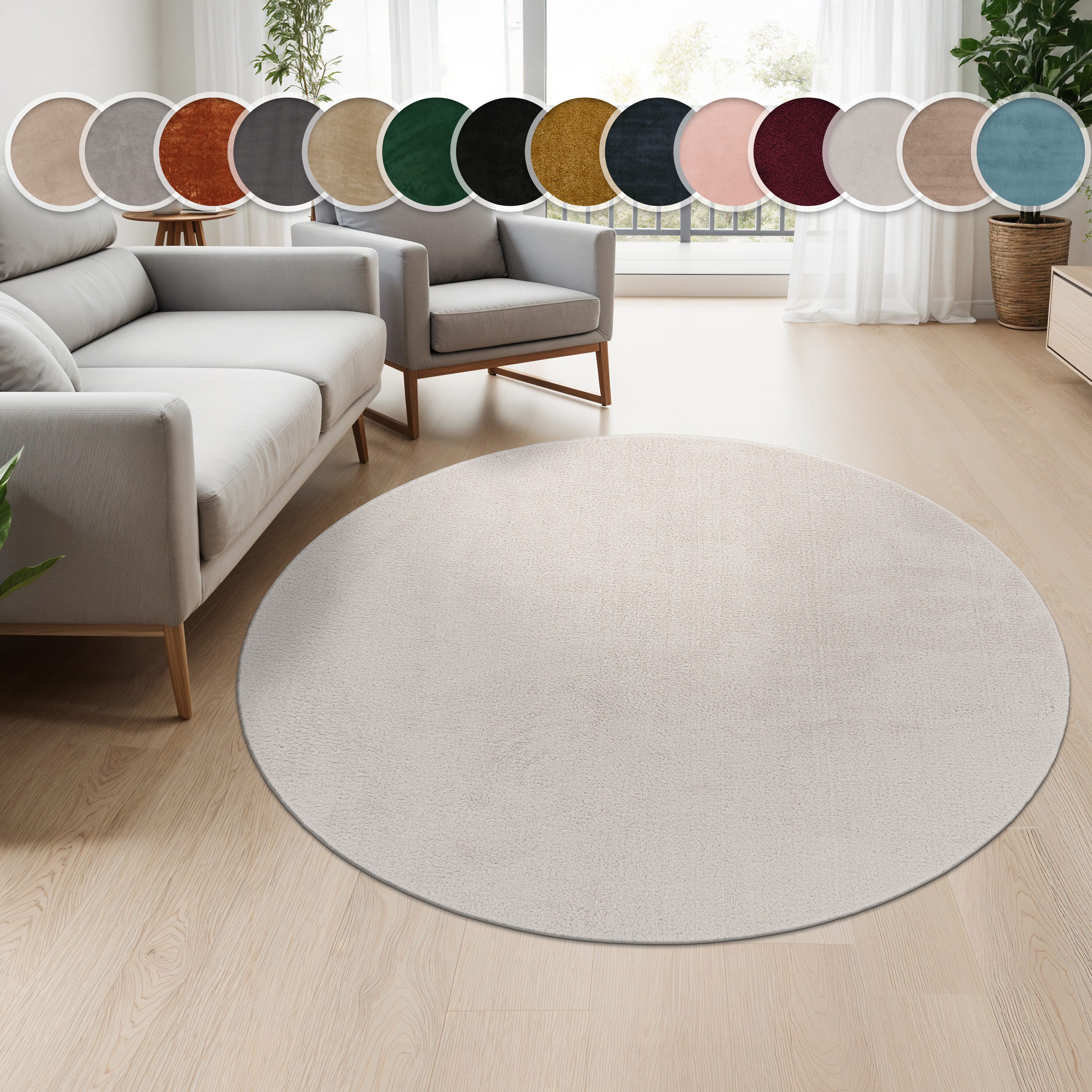 Paco Home Teppich Cadiz 630, rund, Höhe: 14 mm, Uni-Farben, besonders weich, waschbar, auch als Läufer erhältlich