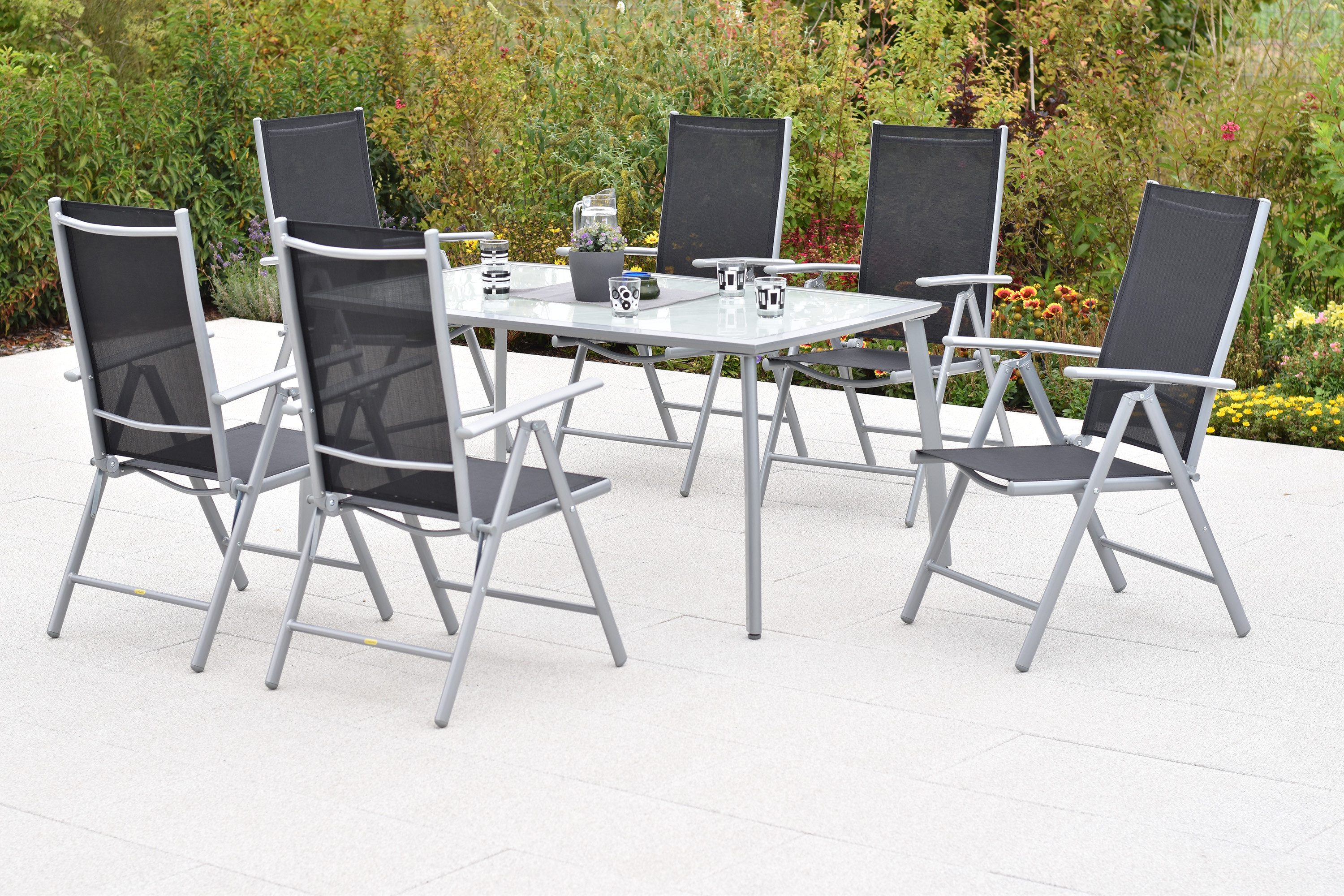 MERXX Garten-Essgruppe Amalfi, (Set, 6 Klappsessel mit verstellbarer Rückenlehne, 1 Tisch), 4 Klappsessel, 1 Tisch 150 x 90 cm