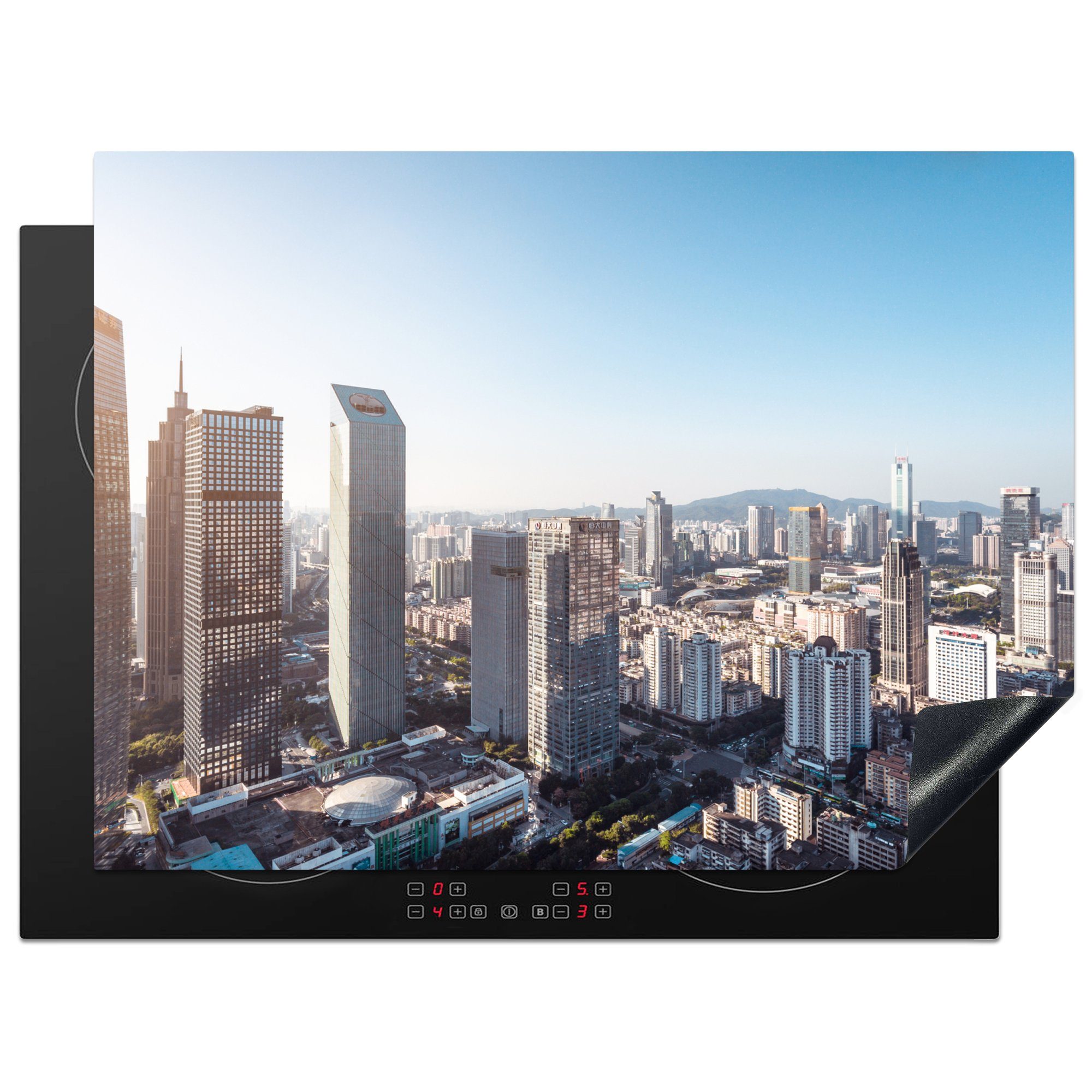 nutzbar, Arbeitsfläche Skyline Ceranfeldabdeckung MuchoWow (1 Mobile Guangzhou, Herdblende-/Abdeckplatte Vinyl, cm, 70x52 tlg), von