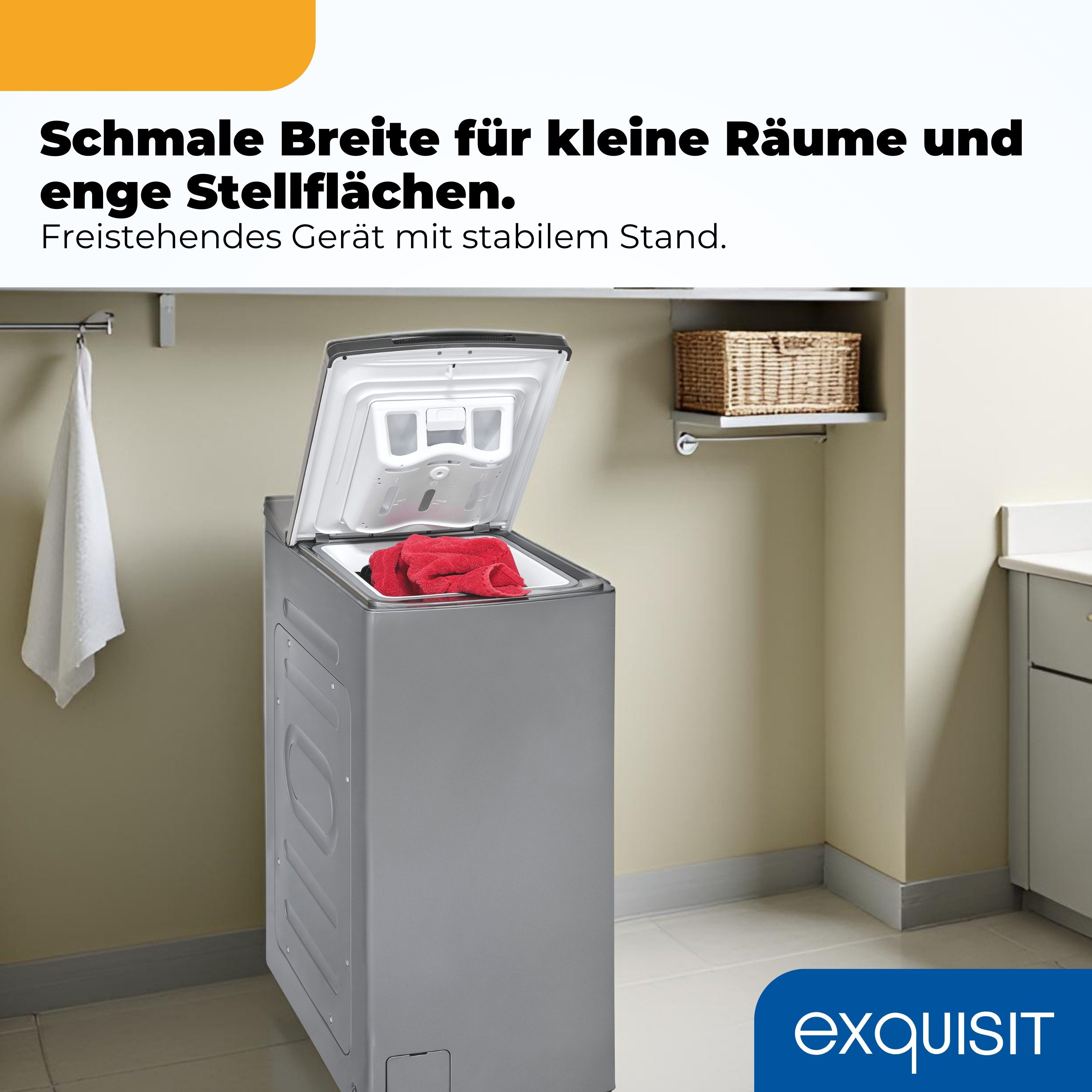 exquisit Waschmaschine Toplader LTO51207-030A, 7,5 kg, 1200 U/min, 7,5 kg, Startzeitvorwahl, Aquastop, Schmal, 15 Programme, Toplader – Bild 3 von 5