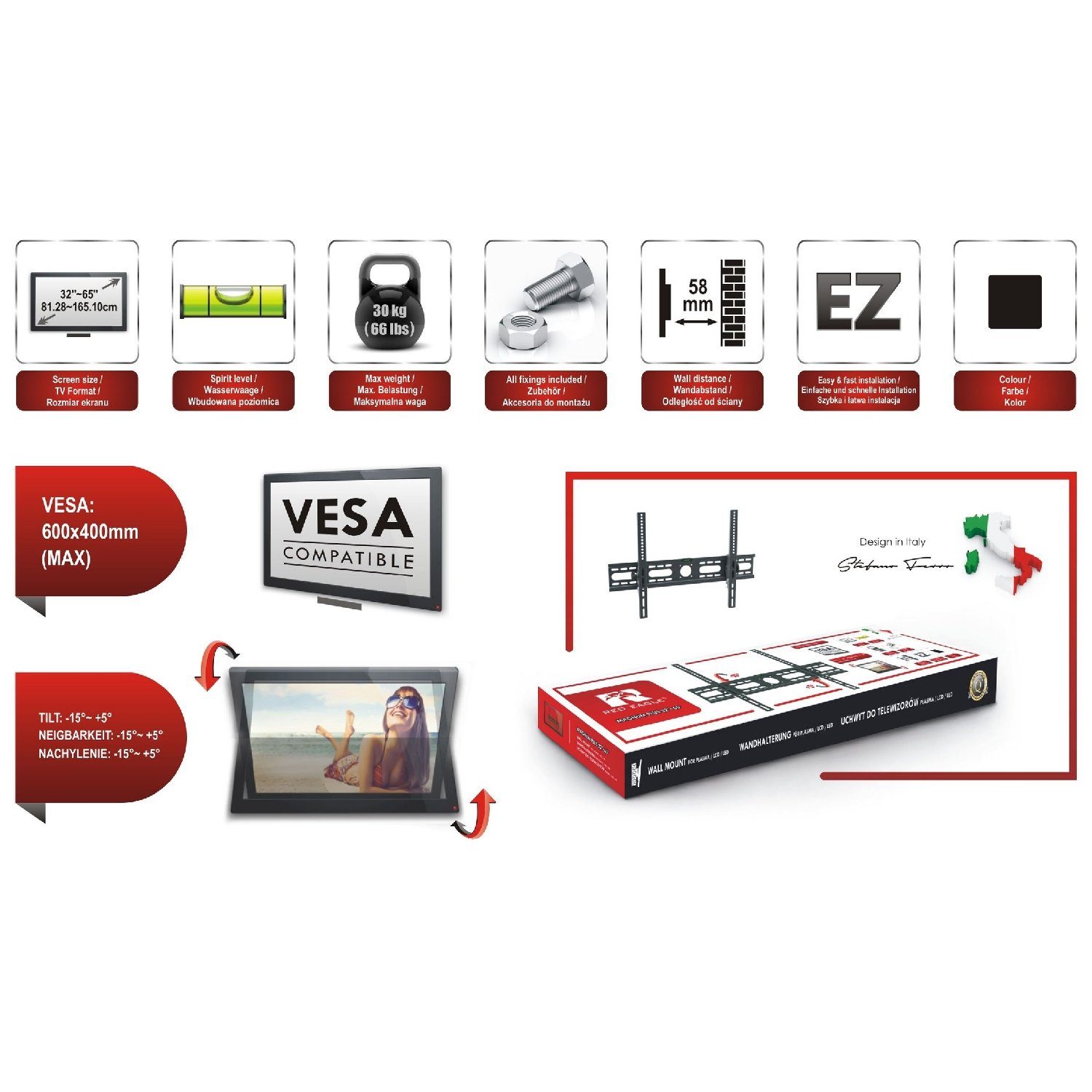 Vesa 65 600×400) RED neigbar - (bis 32-65 Magnum 32 von Fernseher 65 Zoll, - große Zoll Plus - TV-Wandhalterung, Zoll EAGLE für