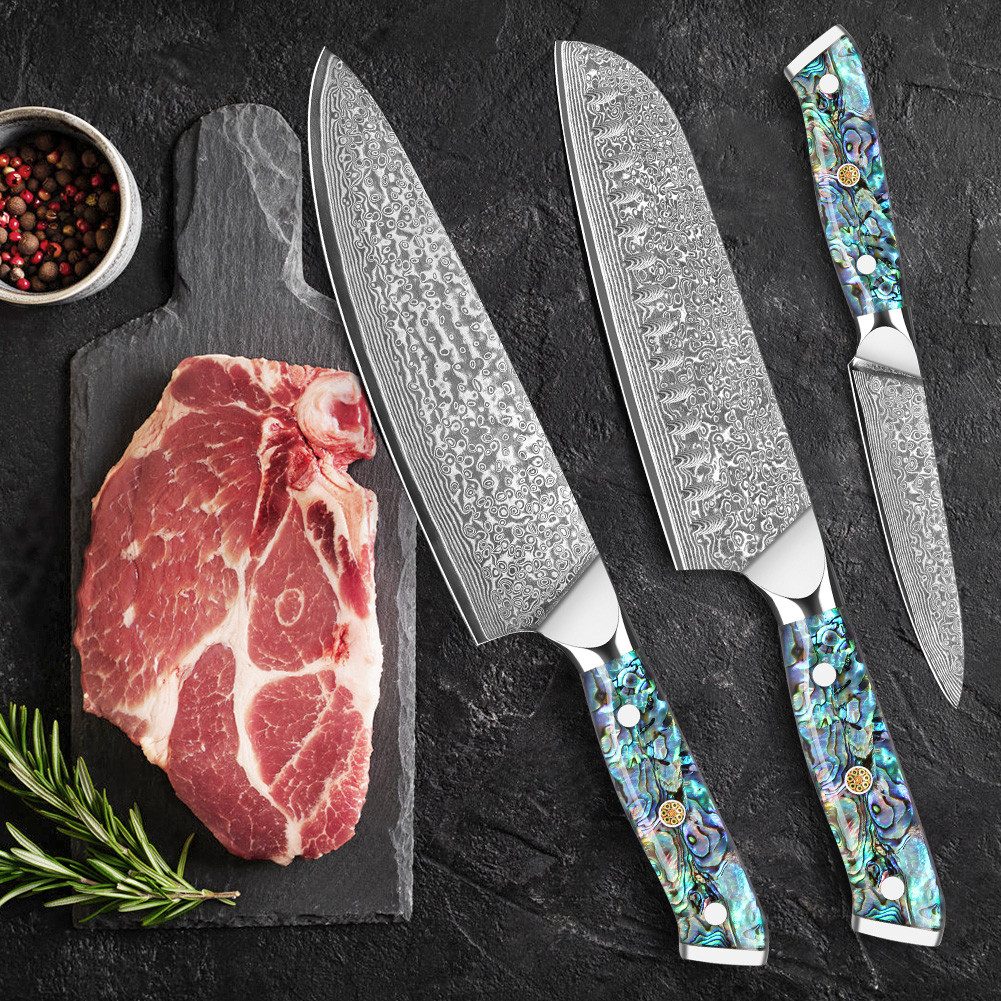 KingLux Messer-Set 3tlg. Damast Messerset mit 67Lagen VG10 Stahl, Abalone-Muschel Griff (3-tlg)