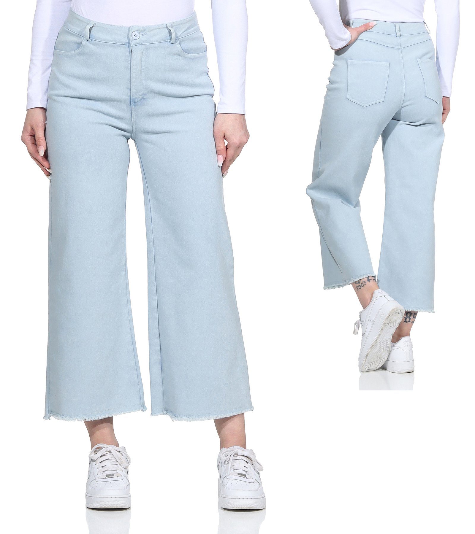 Damenmode Damen Wide Jeans Gürtelschlaufen, Culotte knöchelfrei, für Weite Aurela Hellblau Baumwolle Jeans 100% mit Leg