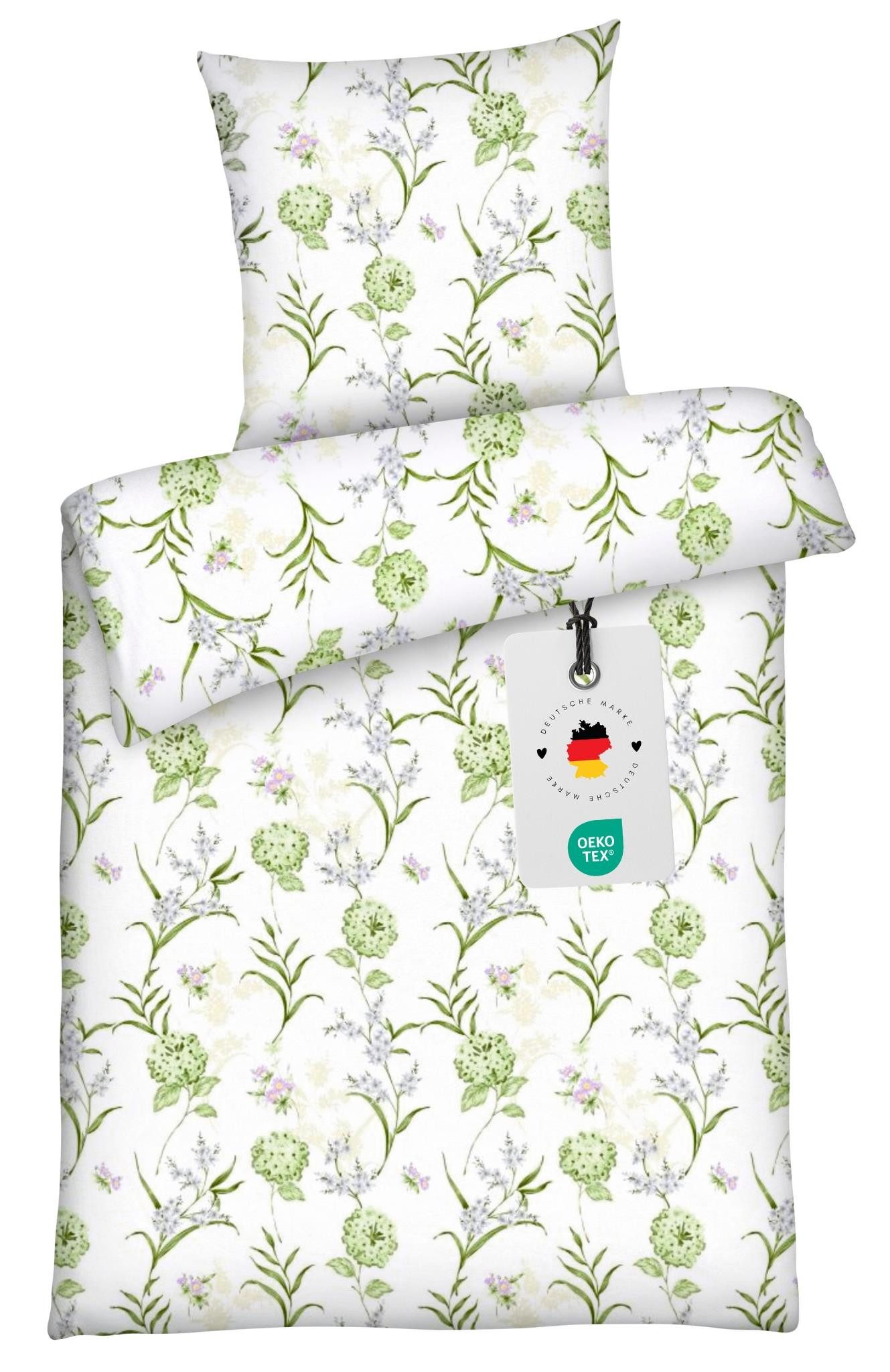 Bettwäsche 135x200 100% Baumwolle Renforce Bettbezug Blumen Grün Beige geblümt