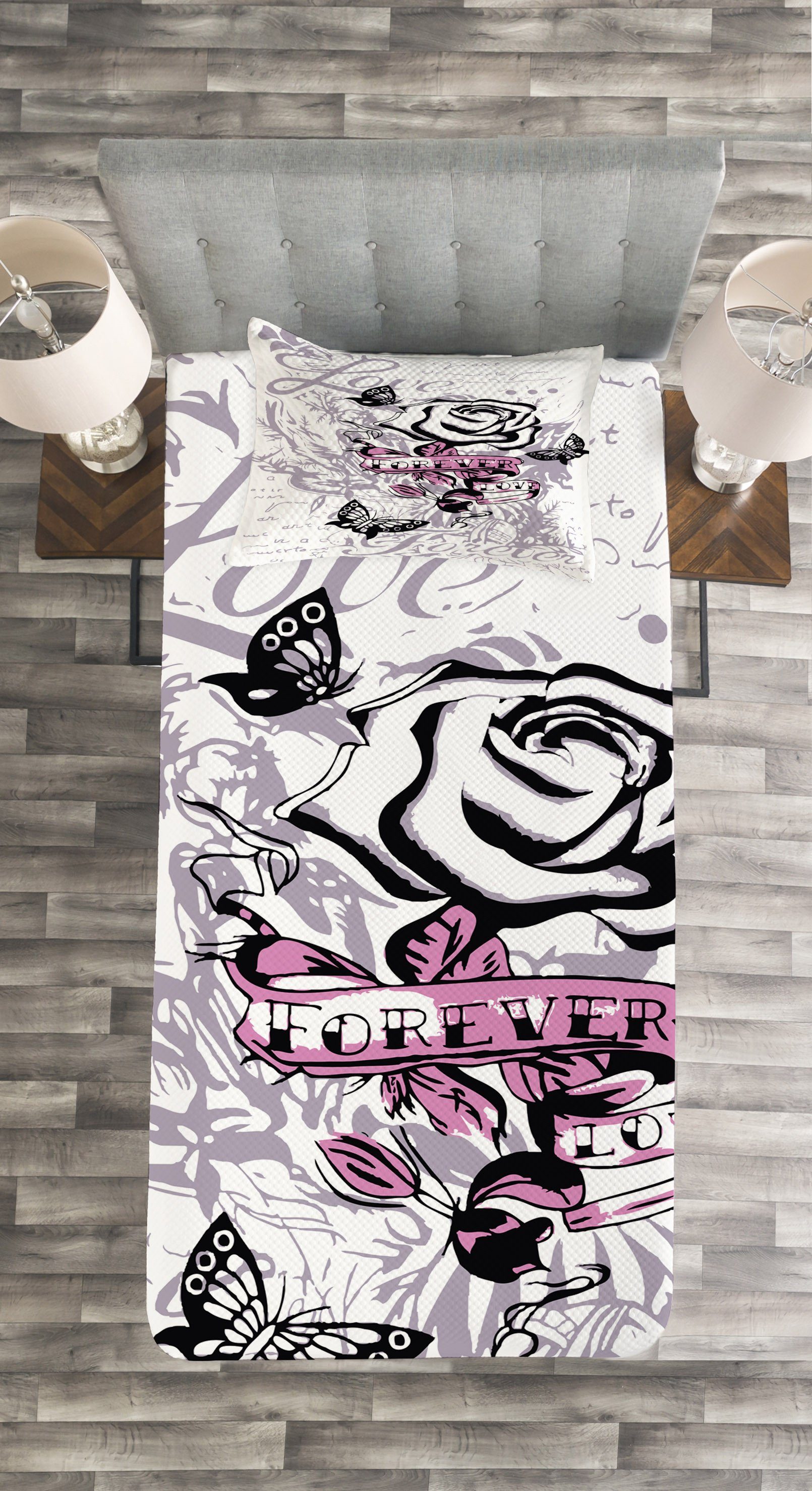 Schmetterlinge Kissenbezügen Tagesdecke Waschbar, mit Zusammenfassung Set Rose Abakuhaus, Liebe