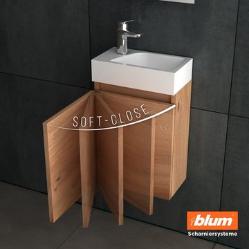 Alpenberger Badmöbel-Set Waschplatz aus Badschrank & Waschbecken & Spiegel, (3-tlg. Komplett Vormontiert, 3-St., Badunterschrank in Bamboo Optik), Badezimmer Unterschrank mit Softclose - Mineralguss Waschtisch eckig