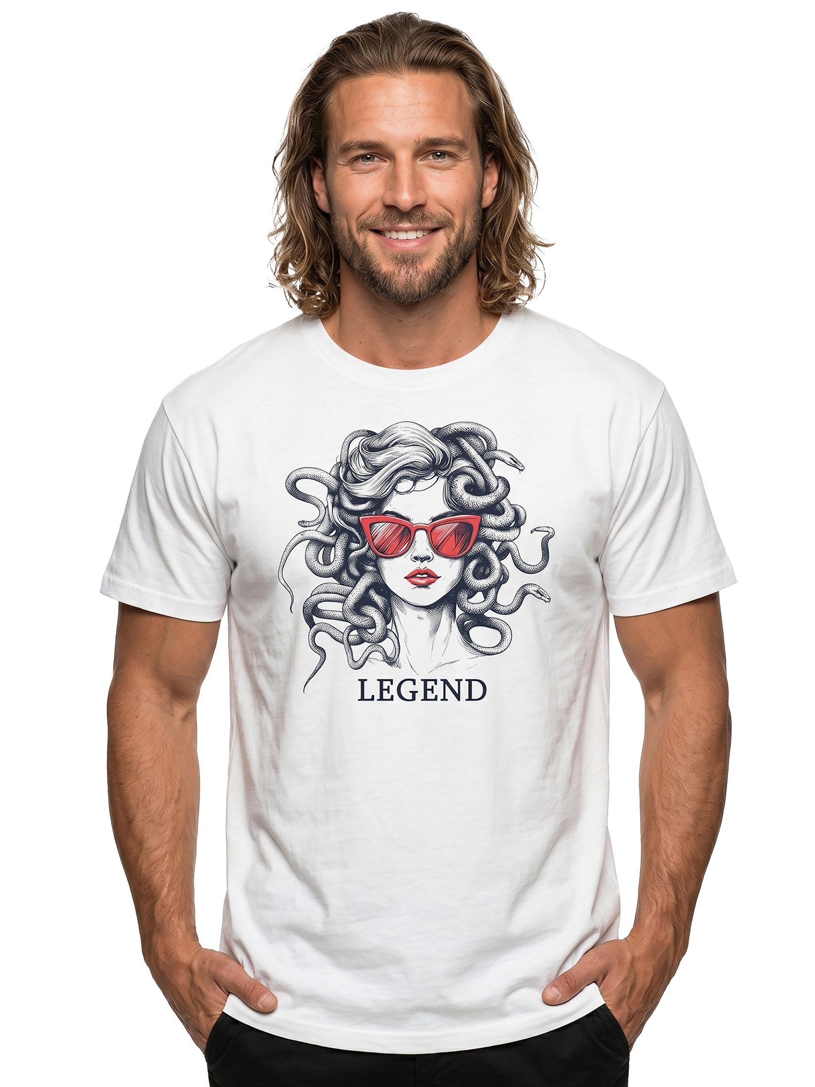 MAKAYA T-Shirt Herrenshirt mit Medusa-Motiv – stylischer Frauenkopf-Print (Weiß, S, M, L, XL, XXL, XXXL, XXXXL, XXXXXL) Baumwolle
