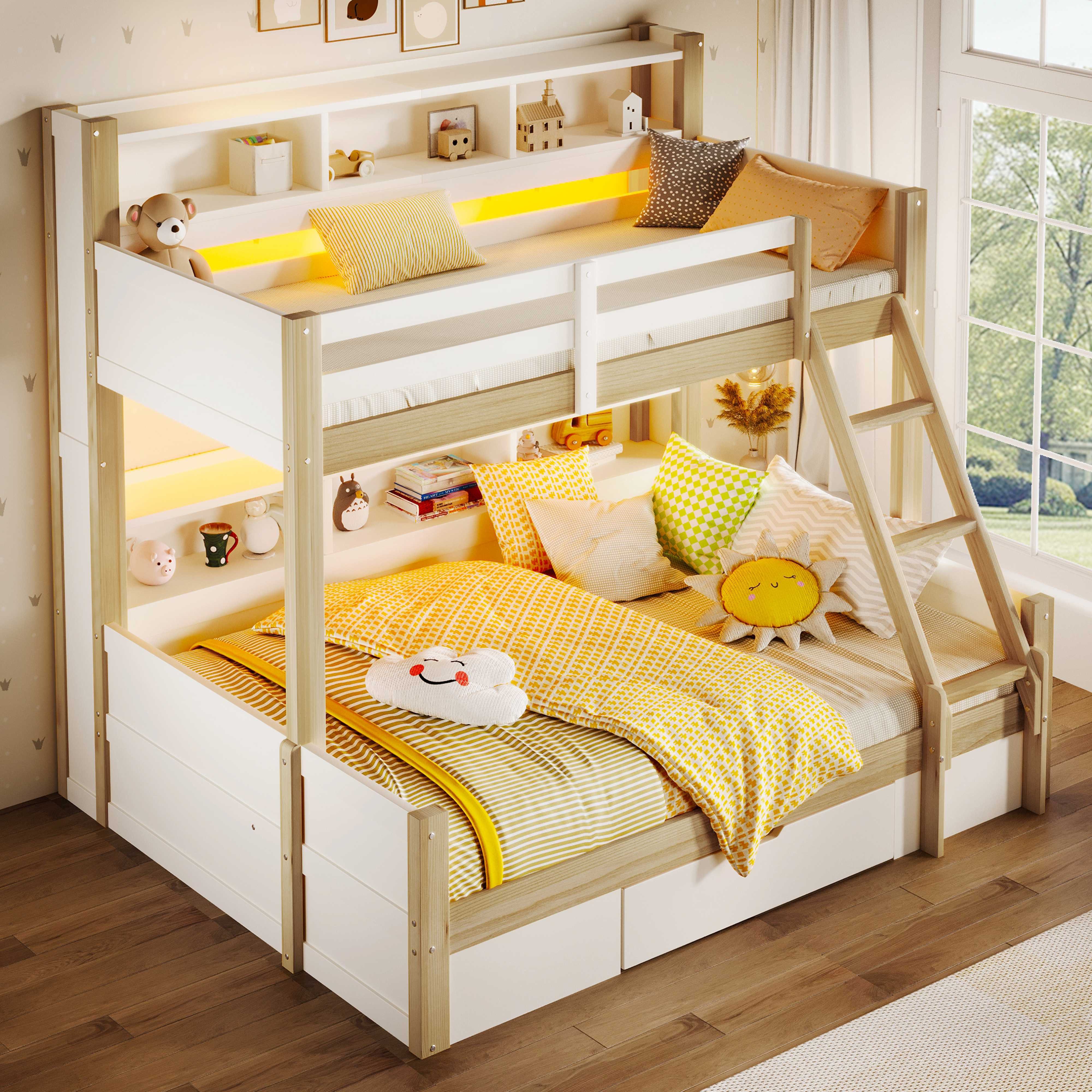 BlingBin Etagenbett Bett Kinderbett Leiterbett Stockbett Holzbett (Etagenbett mit LED-Beleuchtung aus Massivholz, 90x200 cm + 140x200 cm, 1-St., inkl. Leiter, Bettgitter, offener Staufächer & großer Schublade), sicher & stabil, ideal für Geschwisterzimmer