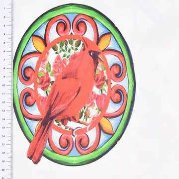 SCHÖNER LEBEN. Stoff Jersey Stenzo Digitaldruck Paneele Vogel Blume weiß bunt 1,50m Breite, Digitaldruck