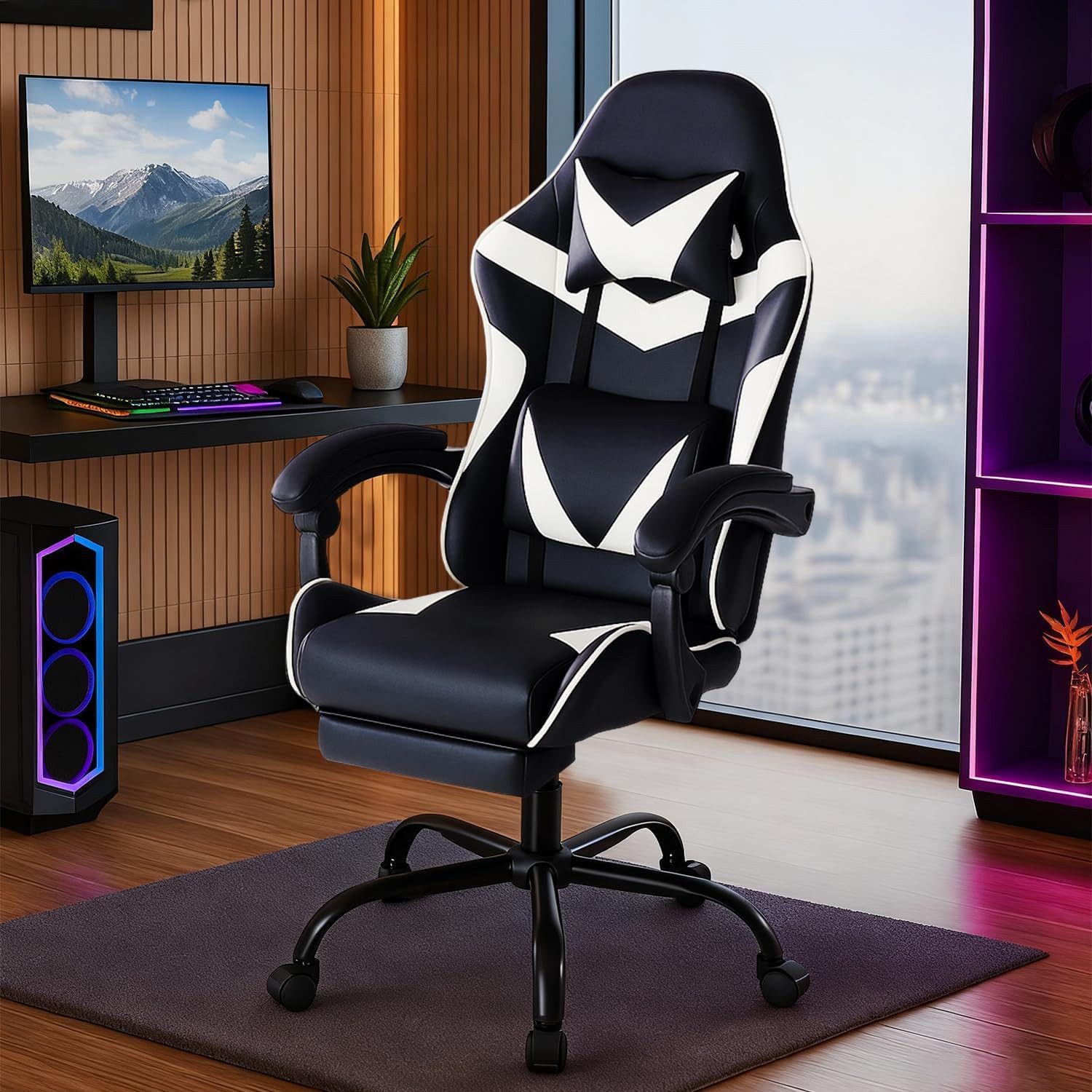 SURFOU Gaming-Stuhl Chefsessel Bürostuhl Ergonomisch Gamingstuhl PC Sessel Drehsessel, mit Fußstütze Kopfstütze Lordosenstütz Höhenverstellbar Drehsessel