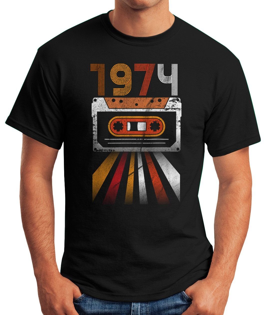 Retro Moonworks® schwarz Herren Print mit Siebziger Vintage Jahre 70er MoonWorks 1974 T-Shirt Print-Shirt Geburtstag Geschenk-Shirt