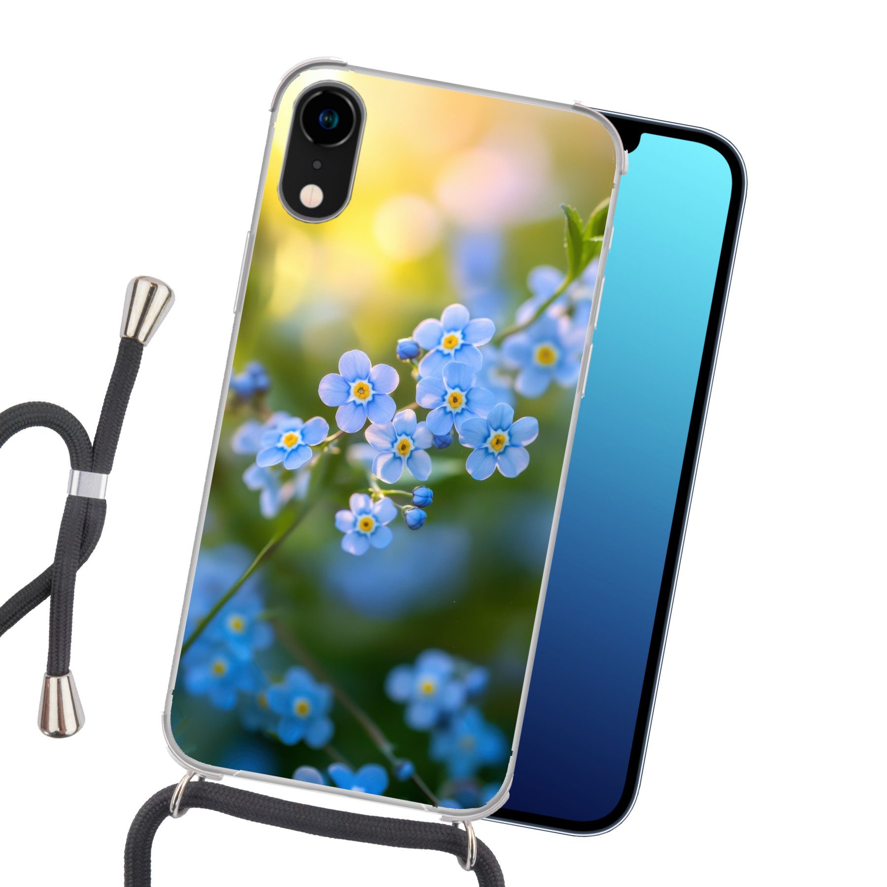 MuchoWow Handyhülle für Apple iPhone XR Blumen - Blau - Vergissmeinnicht, Tragbare Handyhüllen mit Kette zum umhängen, Handykette Handyband
