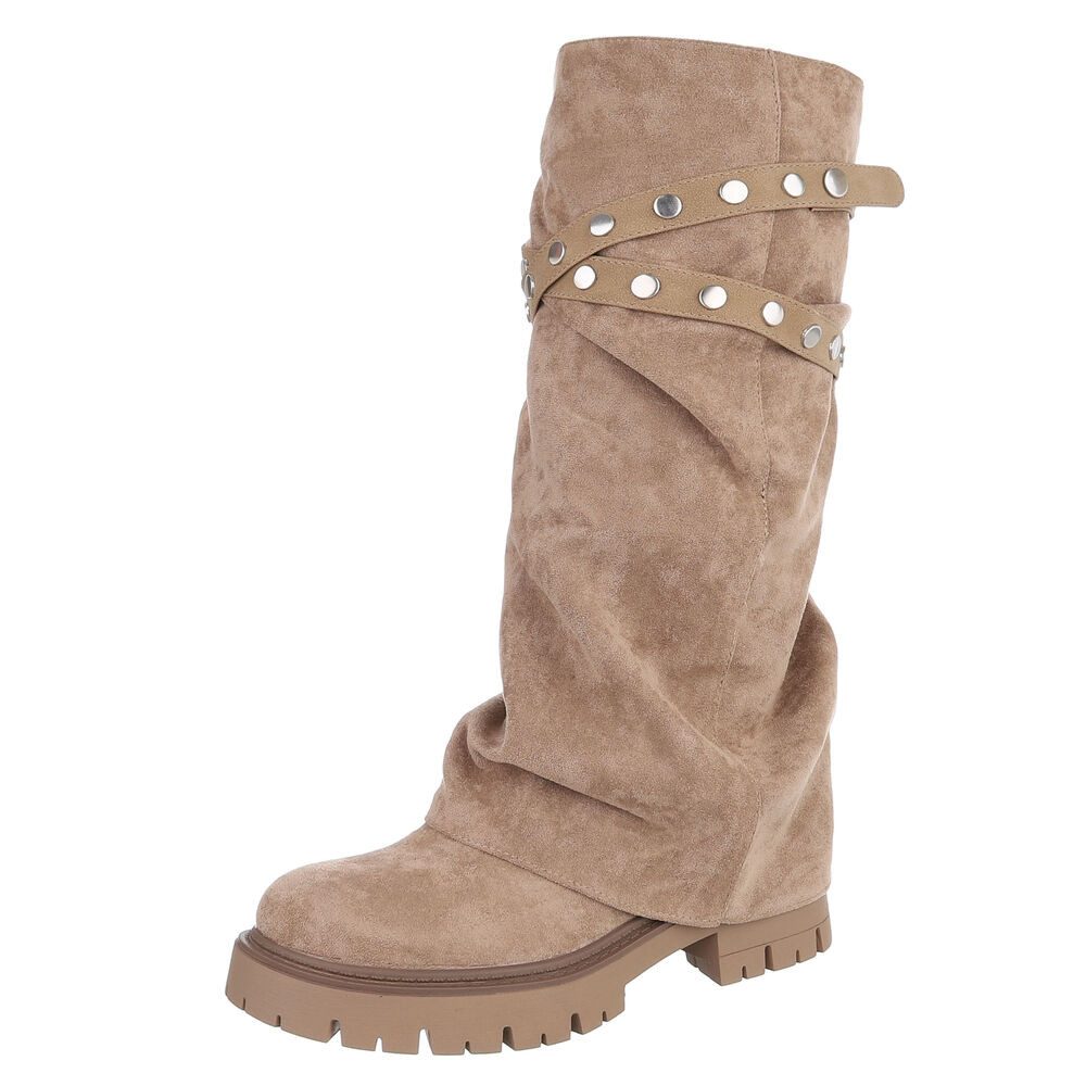 Ital-Design Damen Kniehoher Stiefel mit Nieten-Details und Profilsohle Plateaustiefel (92299610) Blockabsatz Stiefel in Hellbraun