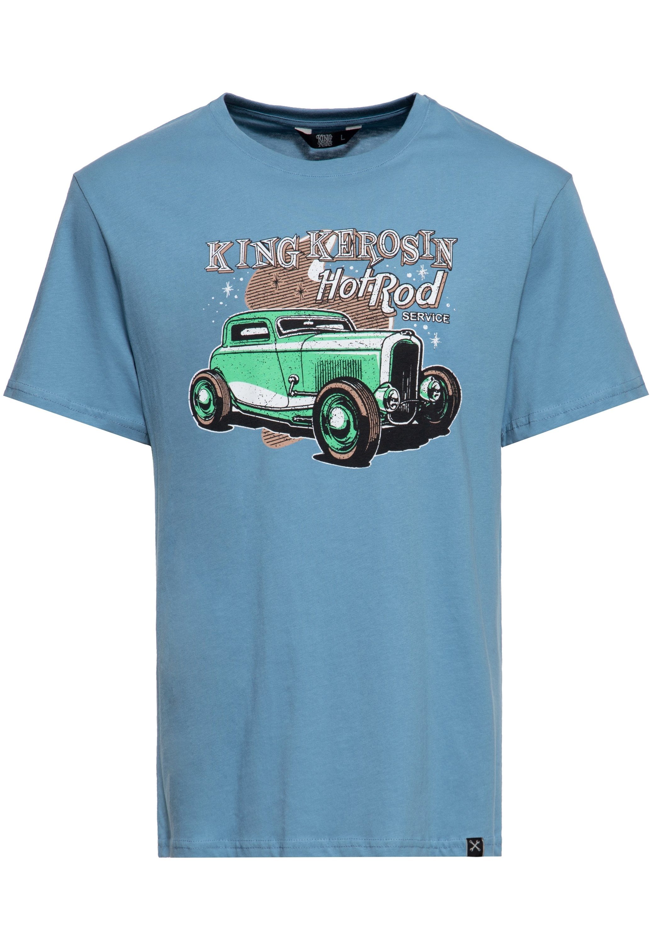 KingKerosin Print-Shirt Hotrod Service mit Retro-Artwork Print blau