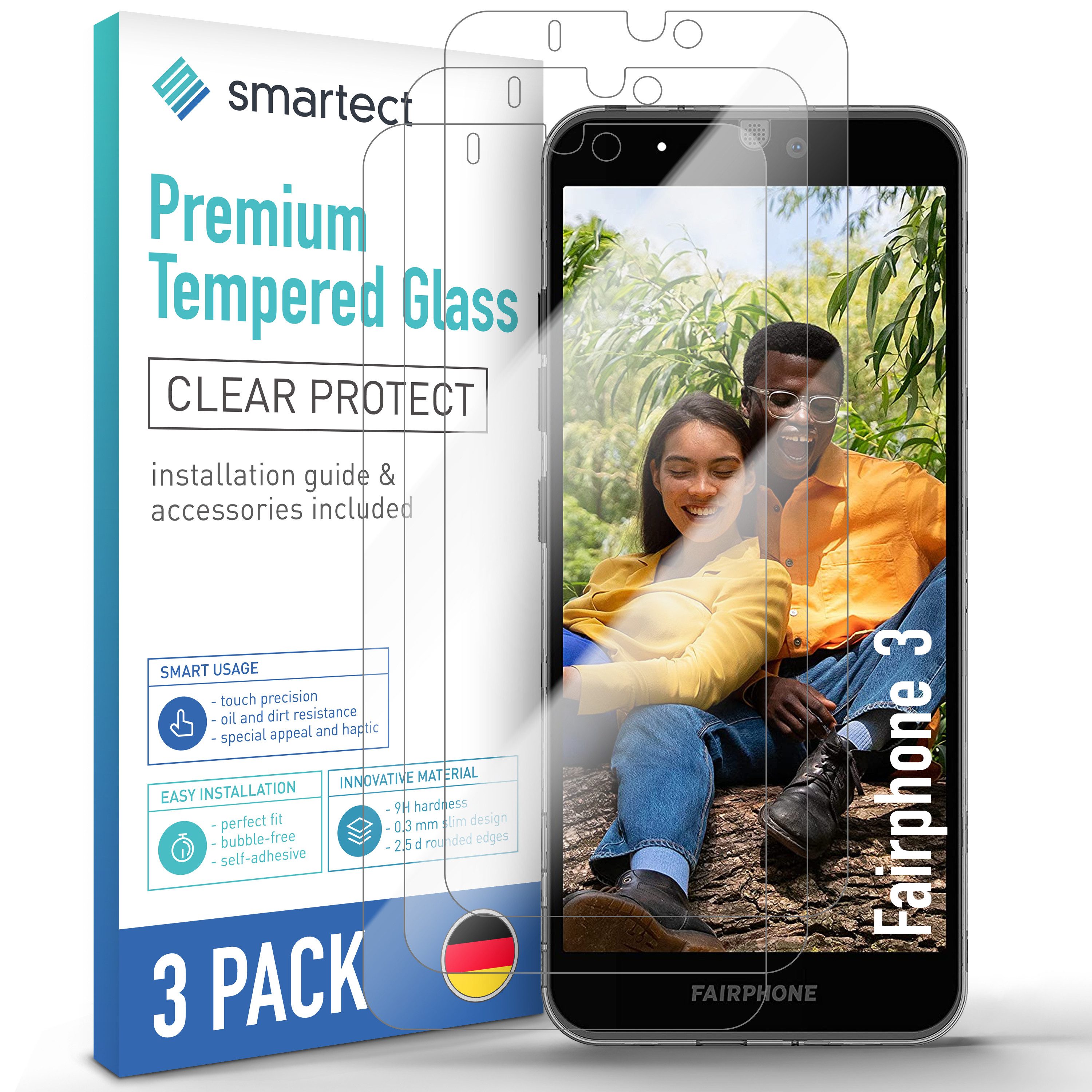 smartect Displayschutzglas Schutzglas Panzerfolie Klar für Fairphone 3, Set, 3 Stück, 9h Härte, Anti-Fingerabdruck