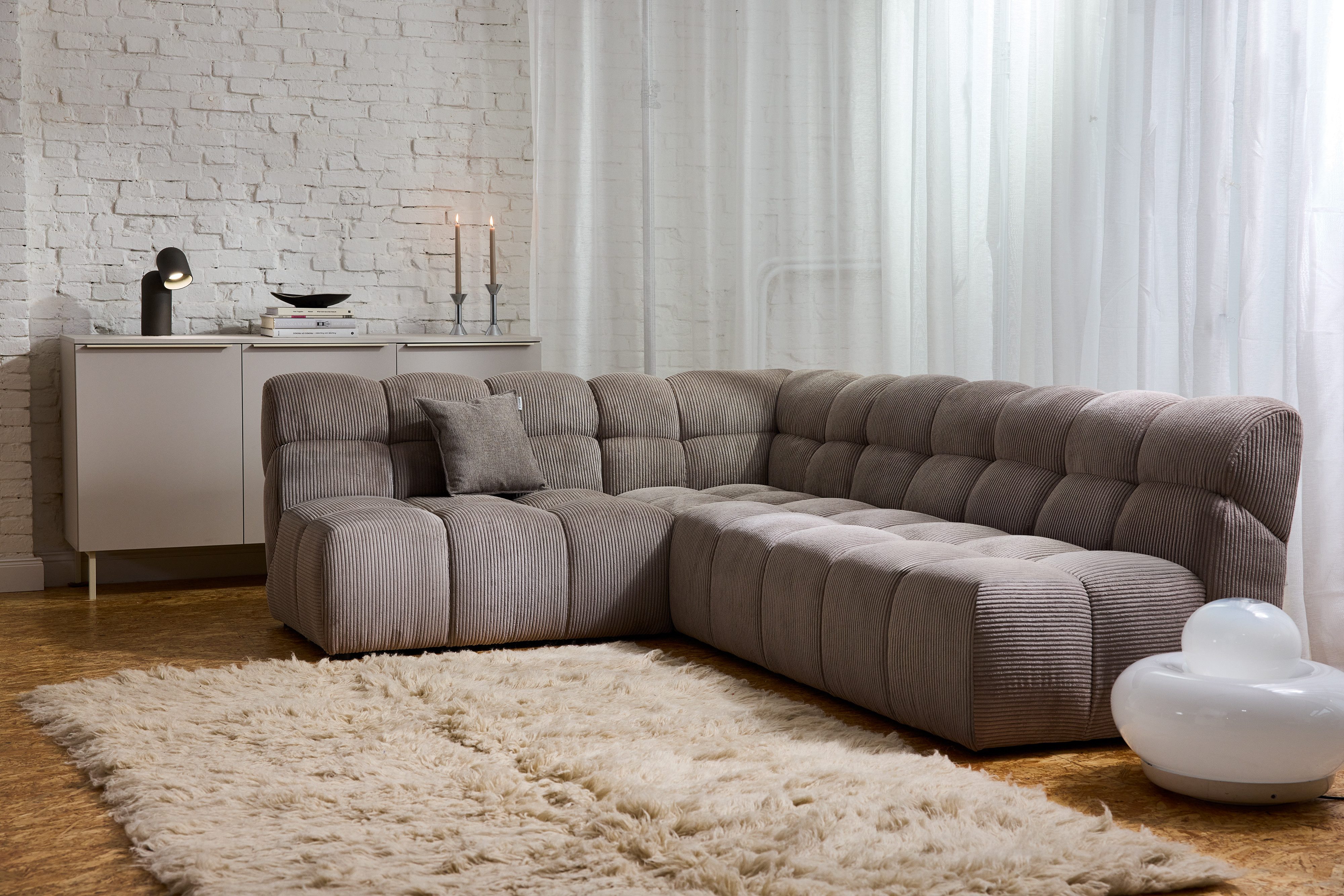 TOM TAILOR HOME Ecksofa SOFT CUBE – stylische Retrovibes durch markante Kachelsteppung, angenehm weicher Sitzkomfort, 265x195, mit optionaler Armteilfunktion