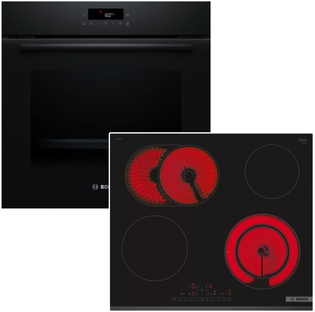 BOSCH Backofen-Set Pyrolyse 3D-Heißluft Pizzafunktion +Glaskeramik Kochfeld PowerBoost, mit Nein, Pyrolyse-Selbstreinigung Hydrolyse