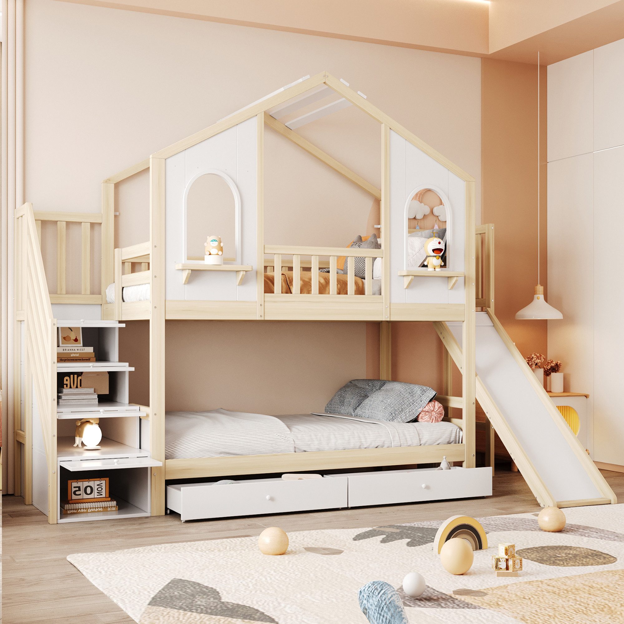 Flieks Etagenbett, Kinderbett Hausbett 90x200cm mit Stauraumtreppe, Rutsche günstig online kaufen