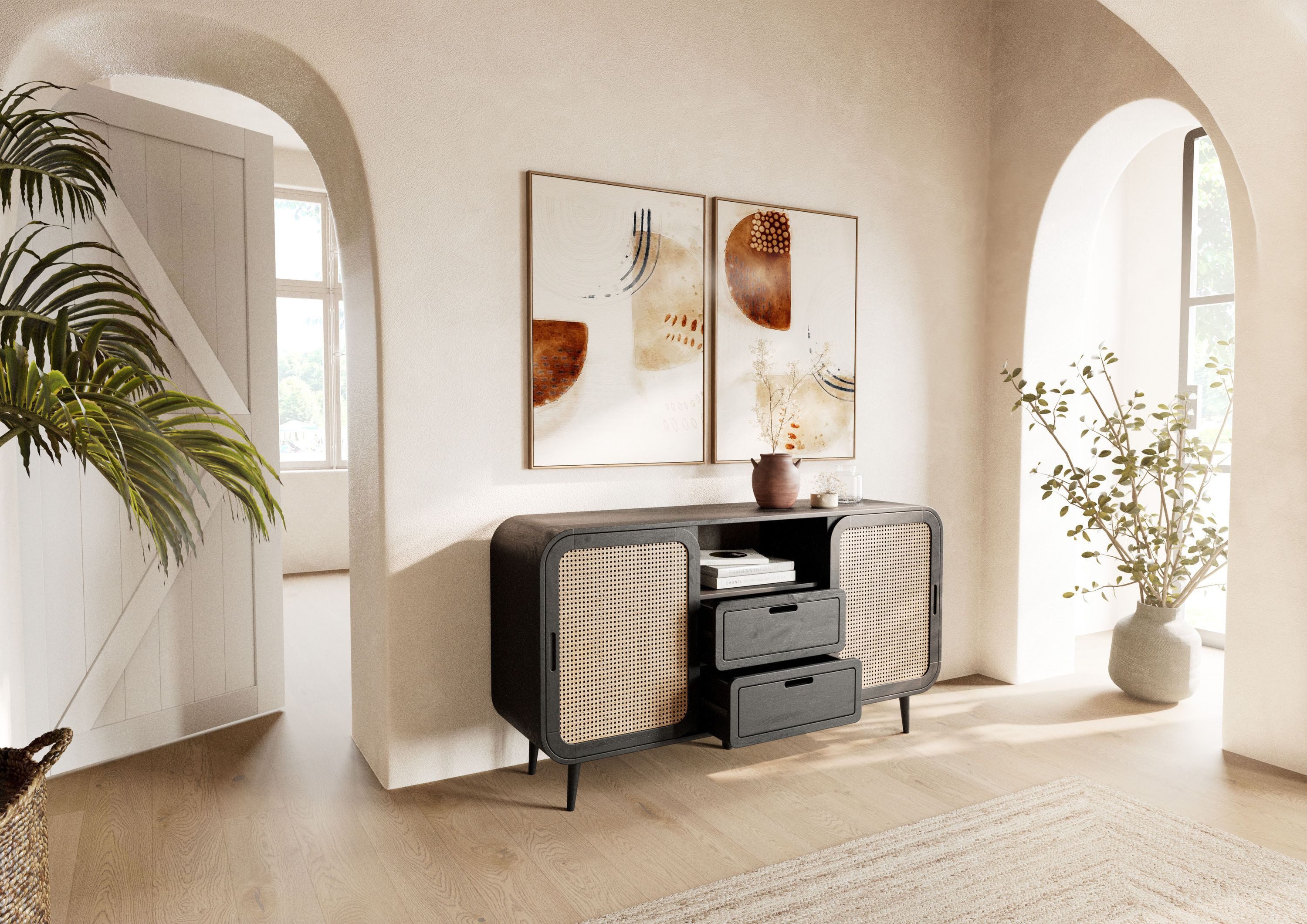 Massivmoebel24 Sideboard VALENCIA (Massivholz), Mango 150x40x80 dunkelgrau lackiert VALENCIA #218